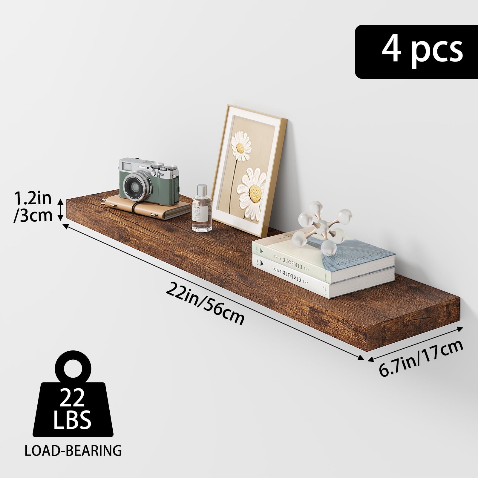 Fairy 4pcs Floating Shelves for Wall, 22.5in Bathroom Kitchen Shelves for Farmhouse Decor, Rustic Brown