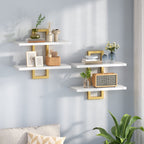 HOOBRO Floating Shelves, 15 Inch Wall Shelf Set of 2, Wall Mounted Storage Shelves 2-Tier, Hanging Bathroom Shelves, for Living Room, Bedroom, Bathroom, Kitchen, White and Gold DW32BJ01