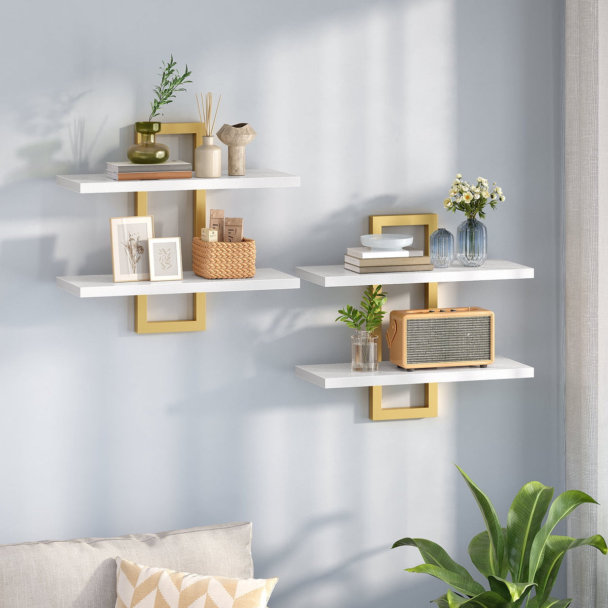 HOOBRO Floating Shelves, 15 Inch Wall Shelf Set of 2, Wall Mounted Storage Shelves 2-Tier, Hanging Bathroom Shelves, for Living Room, Bedroom, Bathroom, Kitchen, White and Gold DW32BJ01