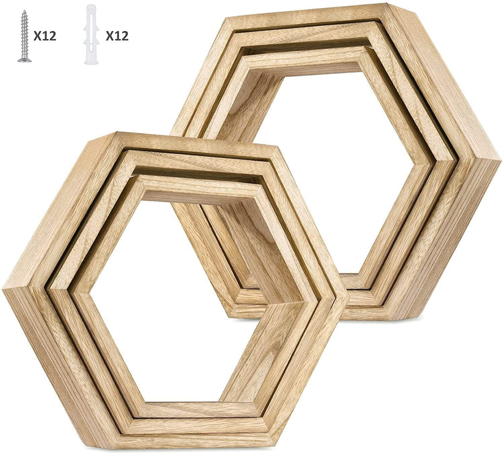 HexaHome 11.3” x 14.8” Rustic Floating Shelves 6-Tier Honeycomb Wood (6 Count)