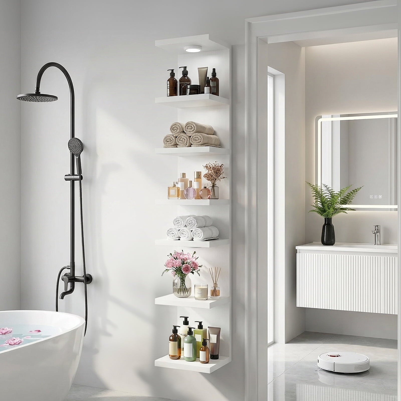 Fairy 7-Tier Wall Mounted Shelf Unit, White Floating Shelves with LED Lights, Home Decor Organizer and Display Rack