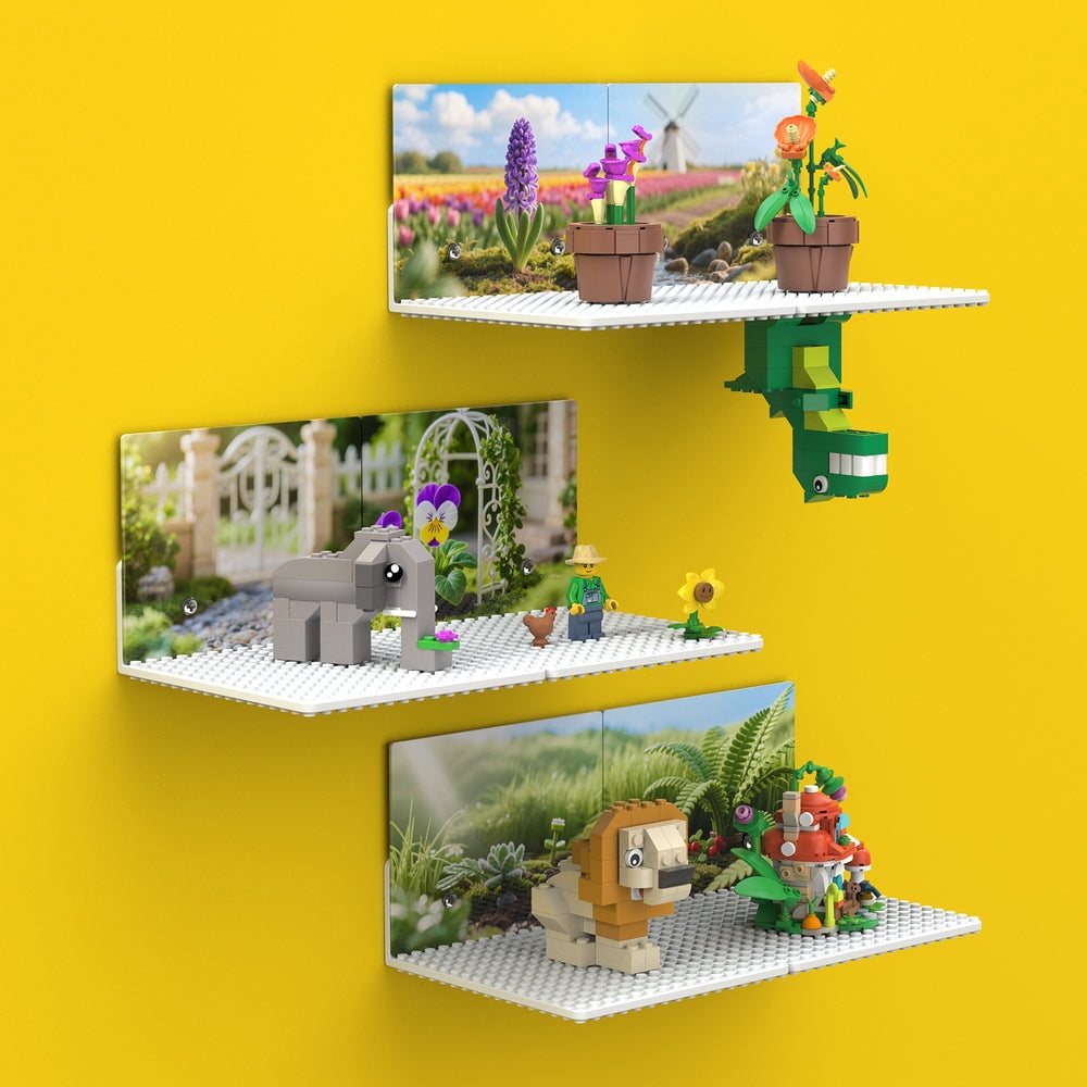 BlissBox 6-pack Floating Shelves, Lego Compatible, Flower Garden Theme, Toy Brick Storage Display, White