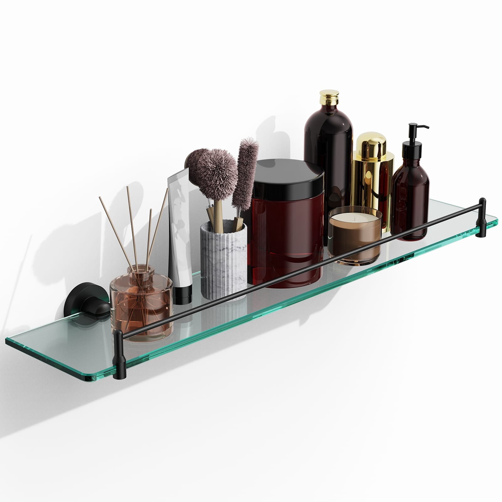 24 Inch Glass Bathroom Shelves,Matte Black Floating Shelves for Wall Rectangular Modern Stainless Steel Glass Shelf for Bathroom Shelves Wall Mounted