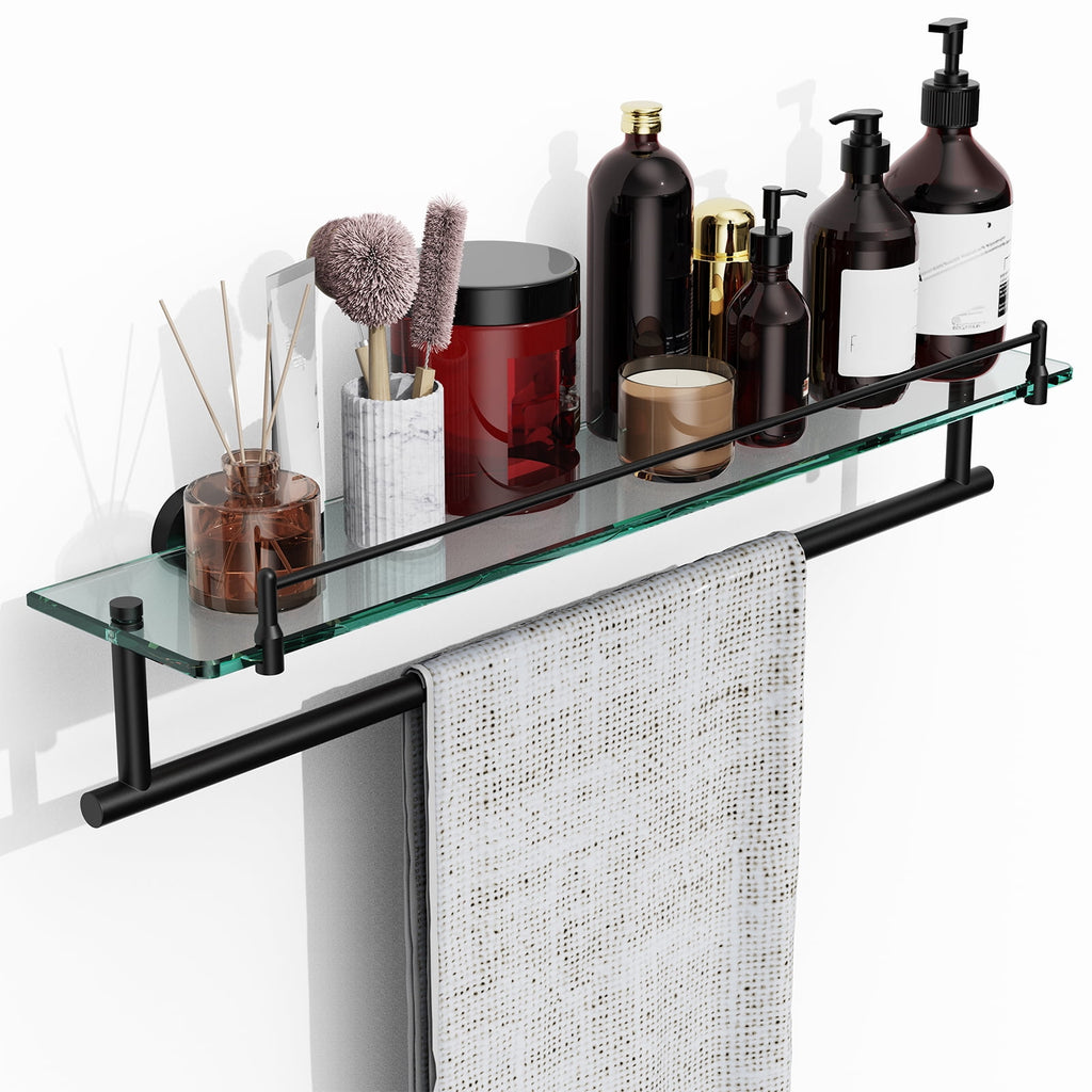 Bathroom Glass Shelf with Railing, Floating Tempered Glass Bathroom Wall Shelf Rectangle 16 Inch Over The Toilet Storage Cabinet, Gaming Floating Shelves, Bathroom Accessories and Home Decor