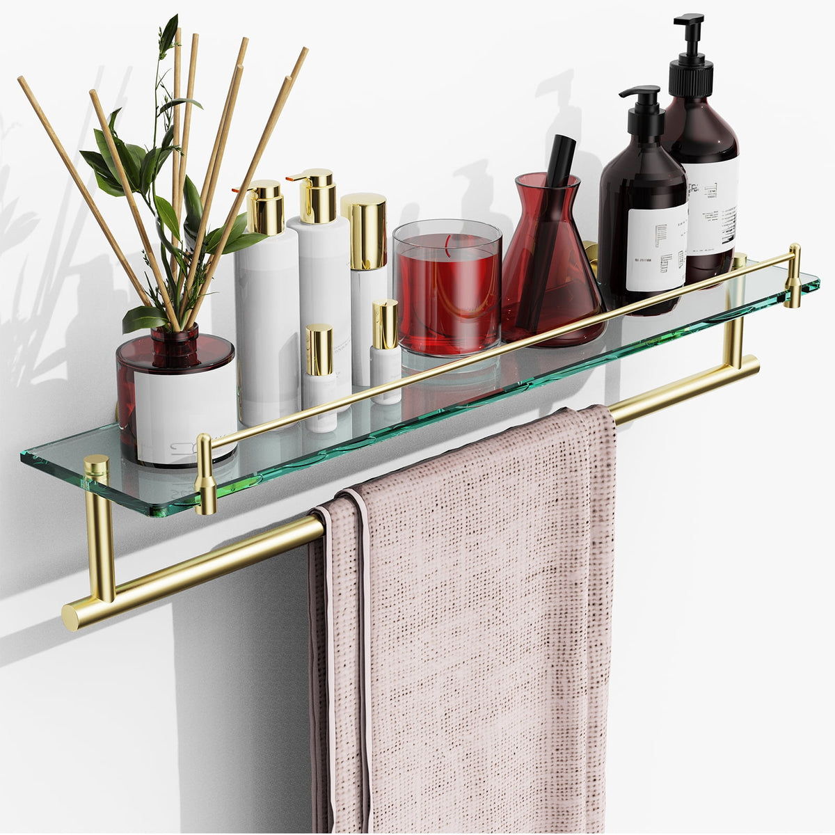 Bathroom Glass Shelf with Railing, Floating Tempered Glass Bathroom Wall Shelf Rectangle 16 Inch Over The Toilet Storage Cabinet, Gaming Floating Shelves, Bathroom Accessories and Home Decor
