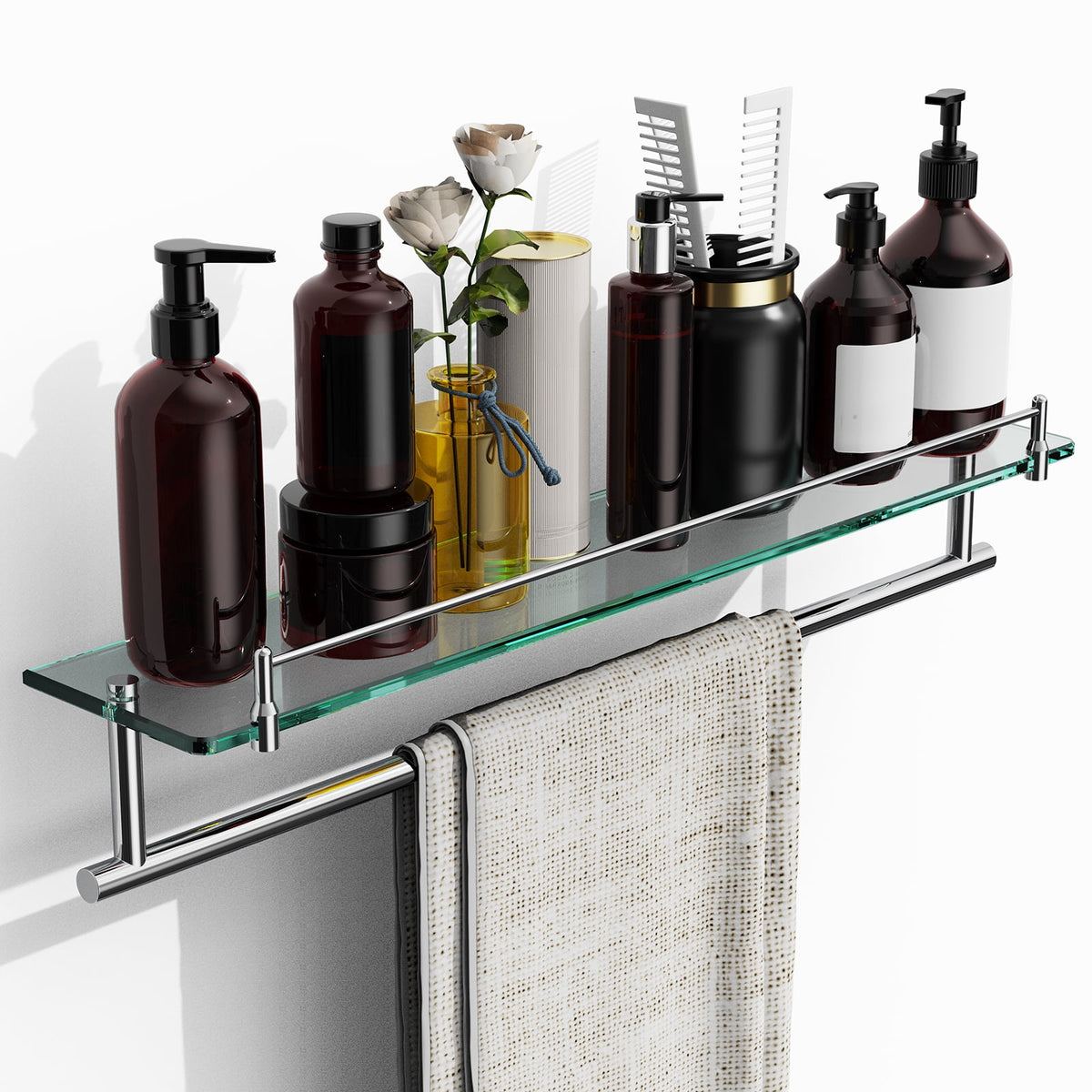 Bathroom Glass Shelf with Railing, Floating Tempered Glass Bathroom Wall Shelf Rectangle 16 Inch Over The Toilet Storage Cabinet, Gaming Floating Shelves, Bathroom Accessories and Home Decor