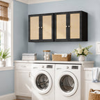 24"W Rattan Laundry Room Cabinets with Lights, Bathroom Cabinets Wall Mounted with Adjustable Shelves, Wall Cabinet for Bathroom/Kitchen/Bedroom (2PCS, Black)