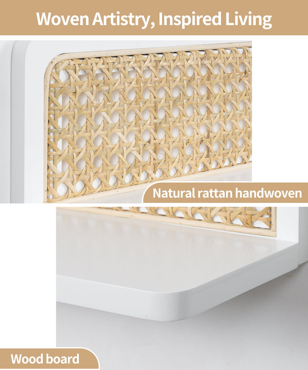 Sumgar Rattan Wall Shelf 16inch Set of 2, Handmade White Floating Shelves Boho Wall Decor, Rustic Wood Cute Wall Mounted Storage Shelves for Living Room Nursery Bedroom
