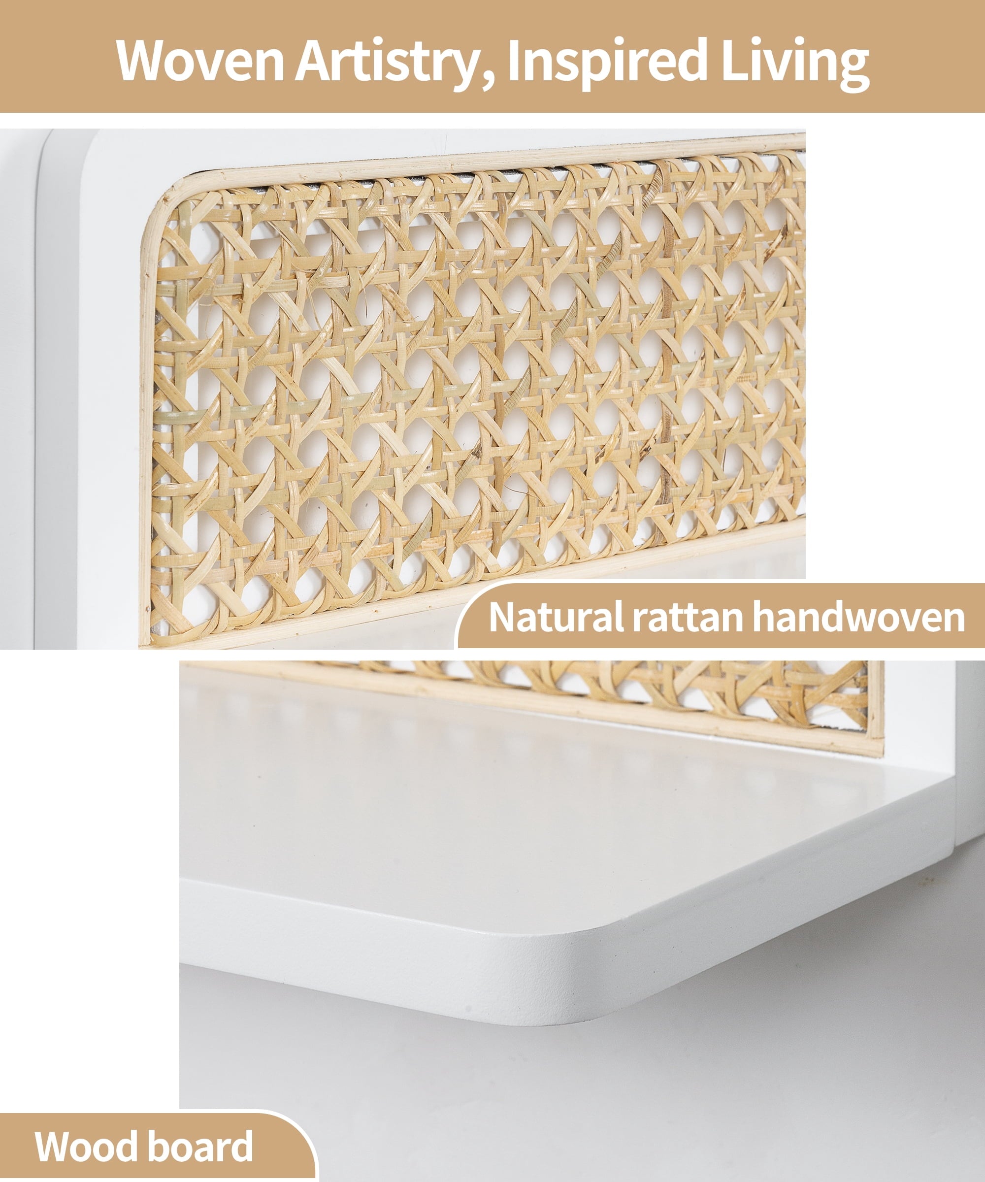 Sumgar Rattan Wall Shelf 16inch Set of 2, Handmade White Floating Shelves Boho Wall Decor, Rustic Wood Cute Wall Mounted Storage Shelves for Living Room Nursery Bedroom