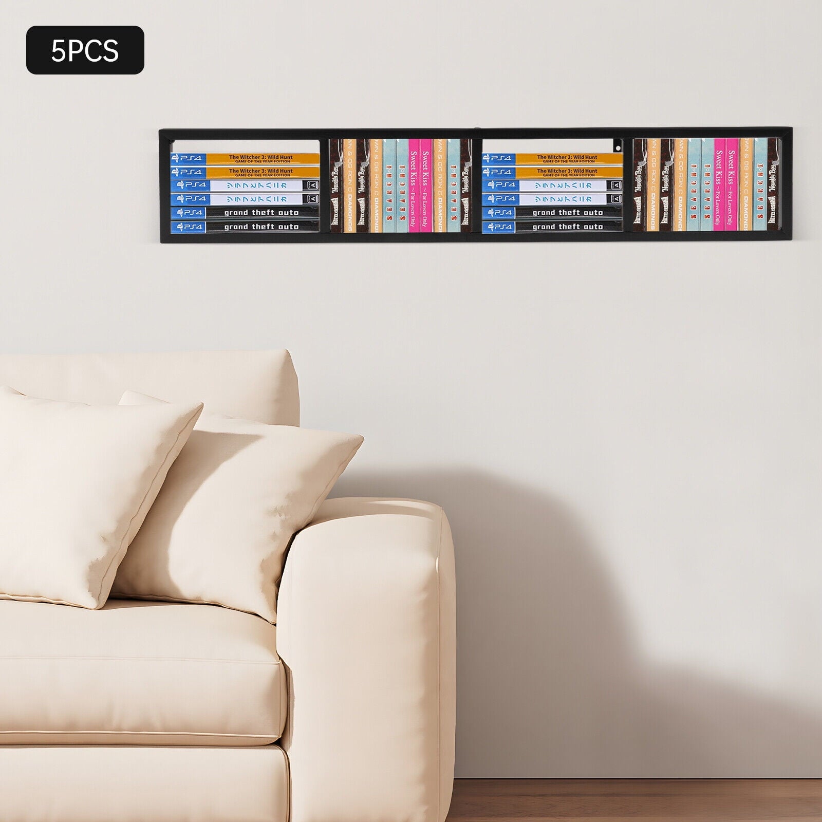 Set of 5 Video Game Rack,Wall Mount CD DVD Storage Shelf, 34 Inch Media Storage Rack Metal Floating Shelf Black,CD Rack