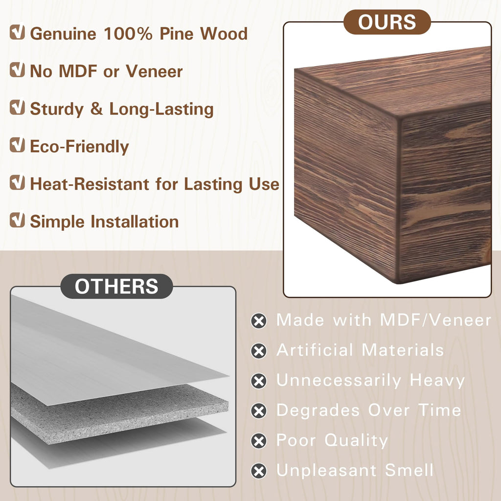 66 Inch Floating Fireplace Mantel Shelf, Handcrafted Solid Pine Wood Mantel with Invisible Heavy Duty Brackets, American Brown Wall Mounted Shelf for Over Fireplace Décor