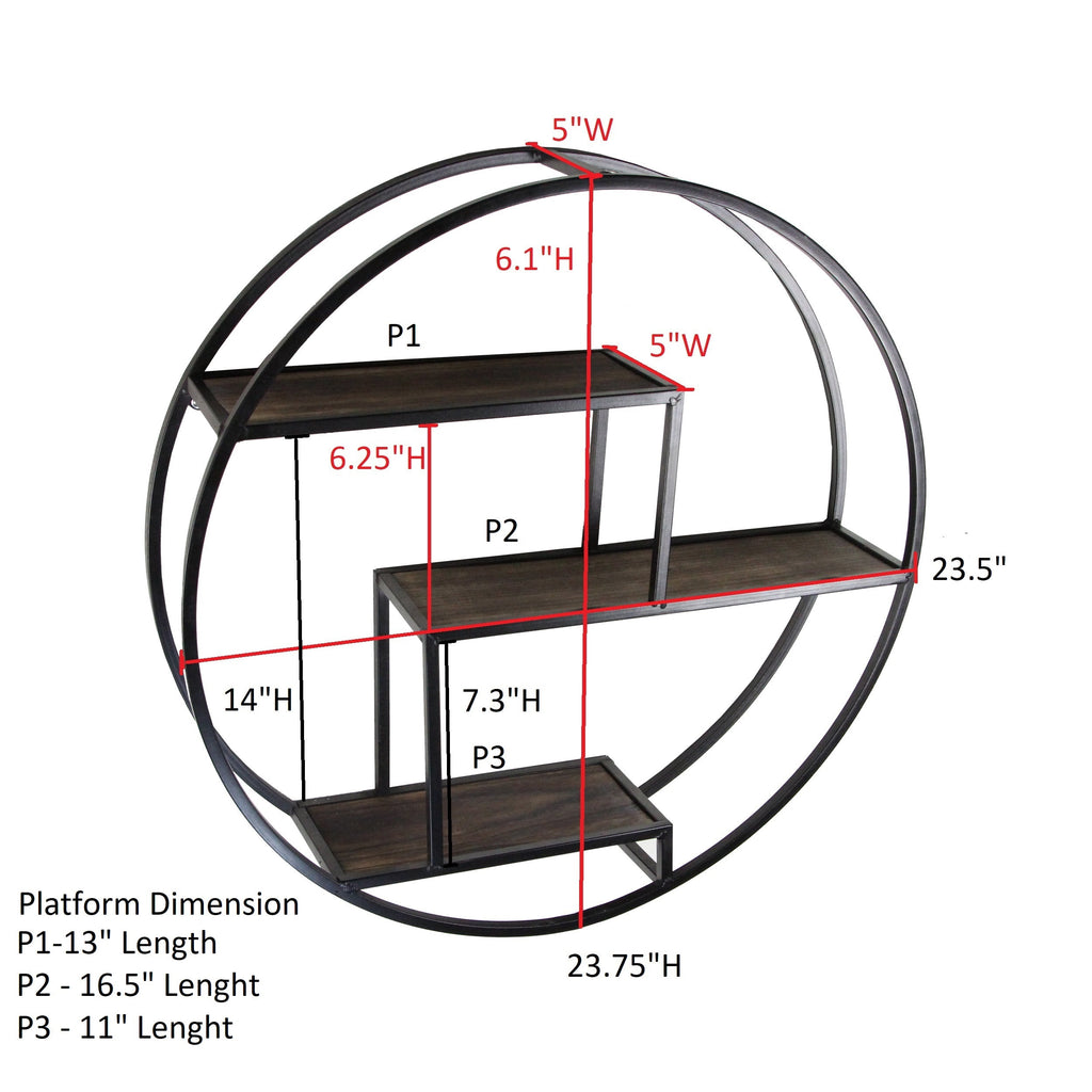 Admired By Nature 23 Inches Round wall-mounted Iron hanging storage floating shelves, Black