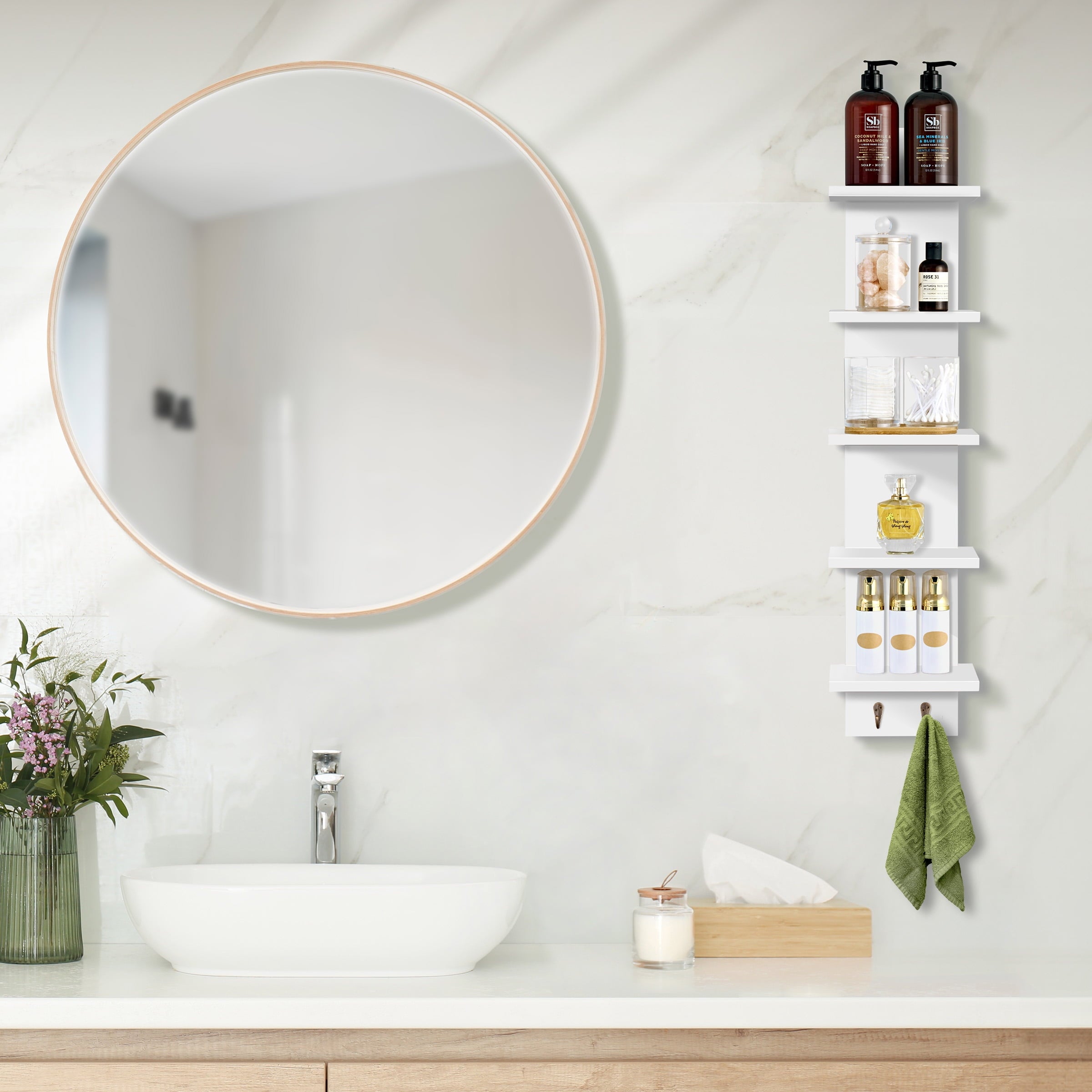 Sorbus 5 Tier Wall Shelf Unit with Hooks, Vertical Column Utility Shelving for Home Decor and Storage Organizer, Wall-Mounted Floating Shelves for Bathroom Storage, Bedroom (2 Pack)