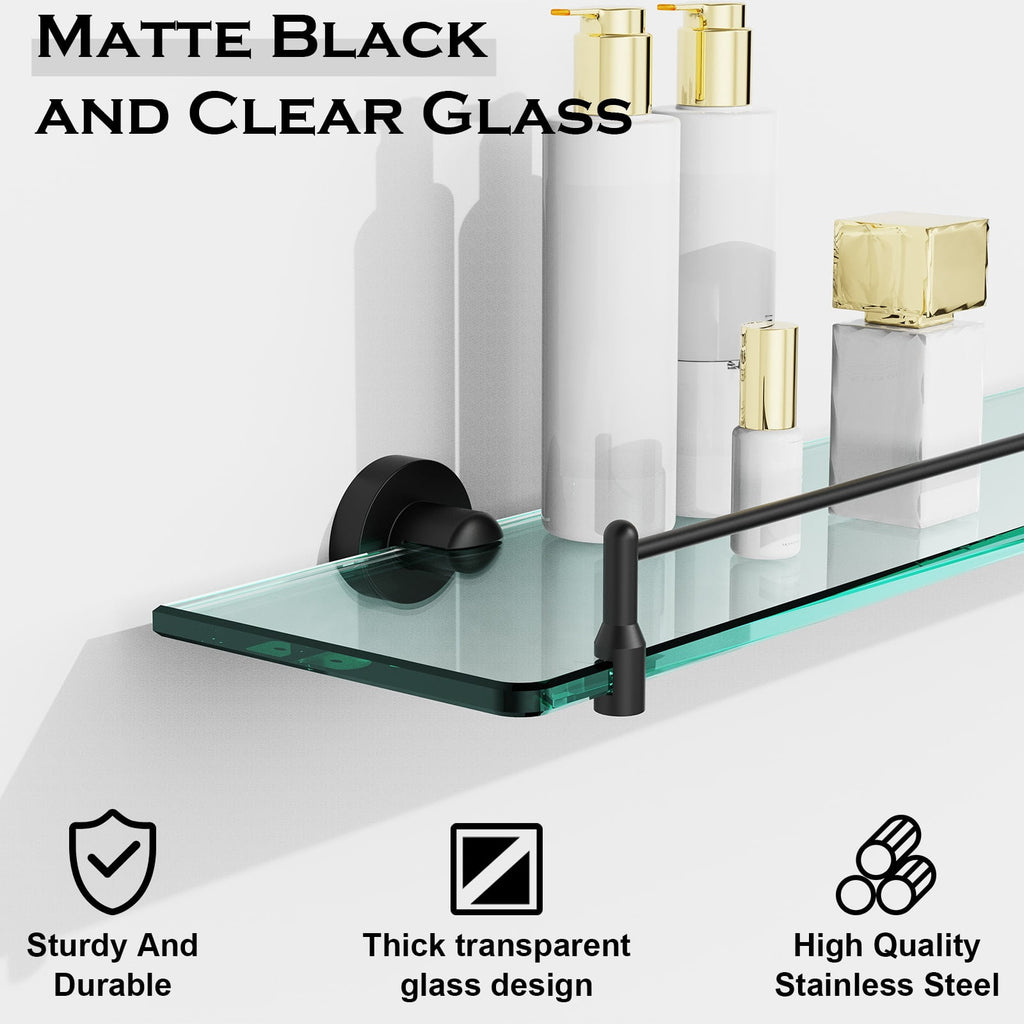 24 Inch Glass Bathroom Shelves,Matte Black Floating Shelves for Wall Rectangular Modern Stainless Steel Glass Shelf for Bathroom Shelves Wall Mounted