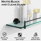 24 Inch Glass Bathroom Shelves,Matte Black Floating Shelves for Wall Rectangular Modern Stainless Steel Glass Shelf for Bathroom Shelves Wall Mounted