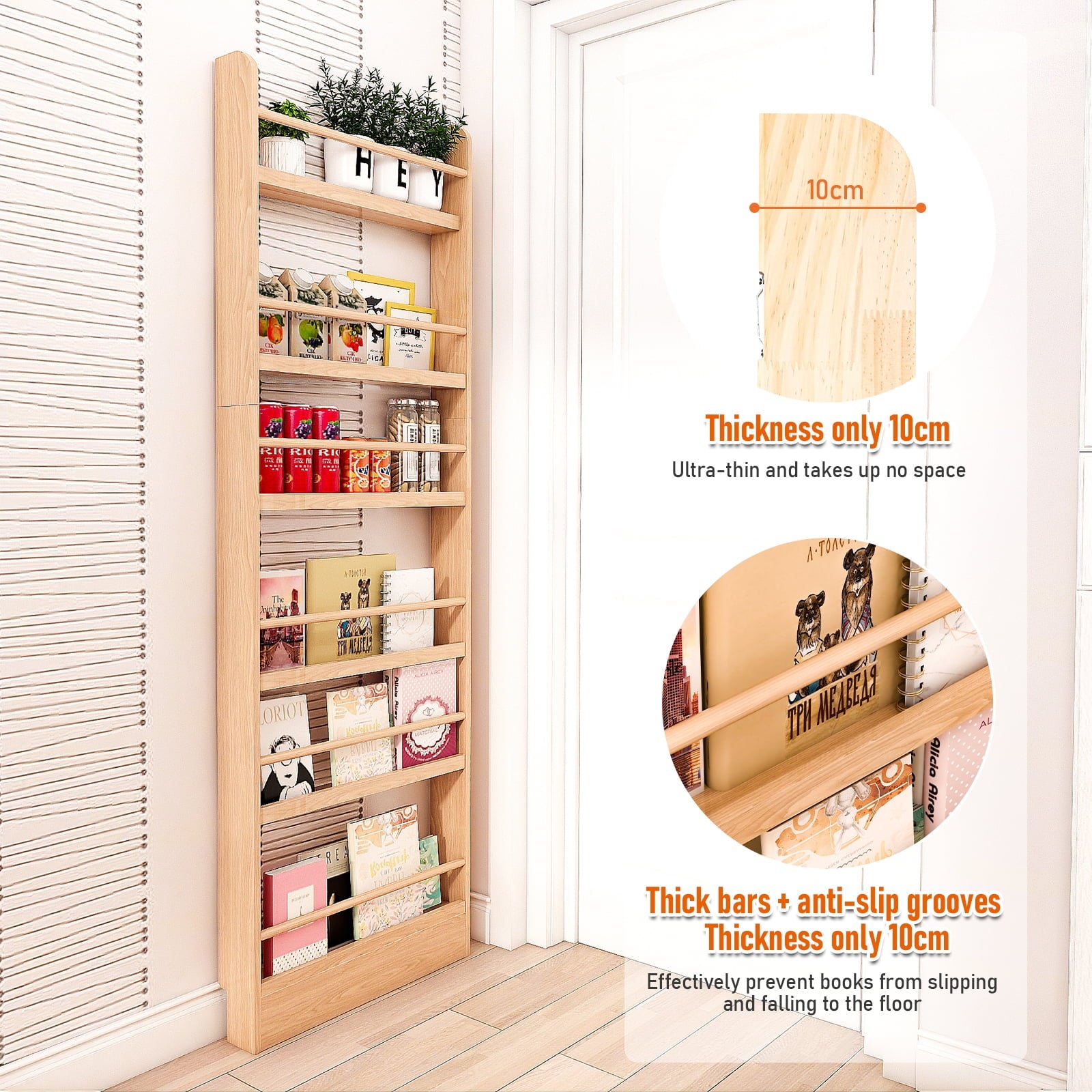 VGBYUJ 6 Tier Behind The Door Bookshelf, 70" Behind The Door Storage Organizer, Wall Mount Bookcases for Narrow Space, Solid Wood