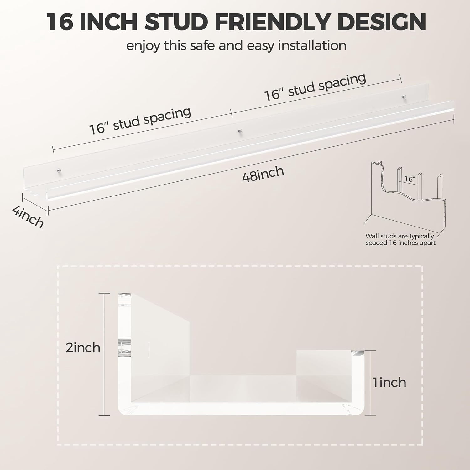 48 Inches Invisible Wall Floating Bookshelf for Kids and Nursery, Clear Acrylic Shelves for Figures, 16 Inch Stud Spacing Long Large Picture Ledge Shelf for Photo Frames, 2 Pack (5MM Thick)