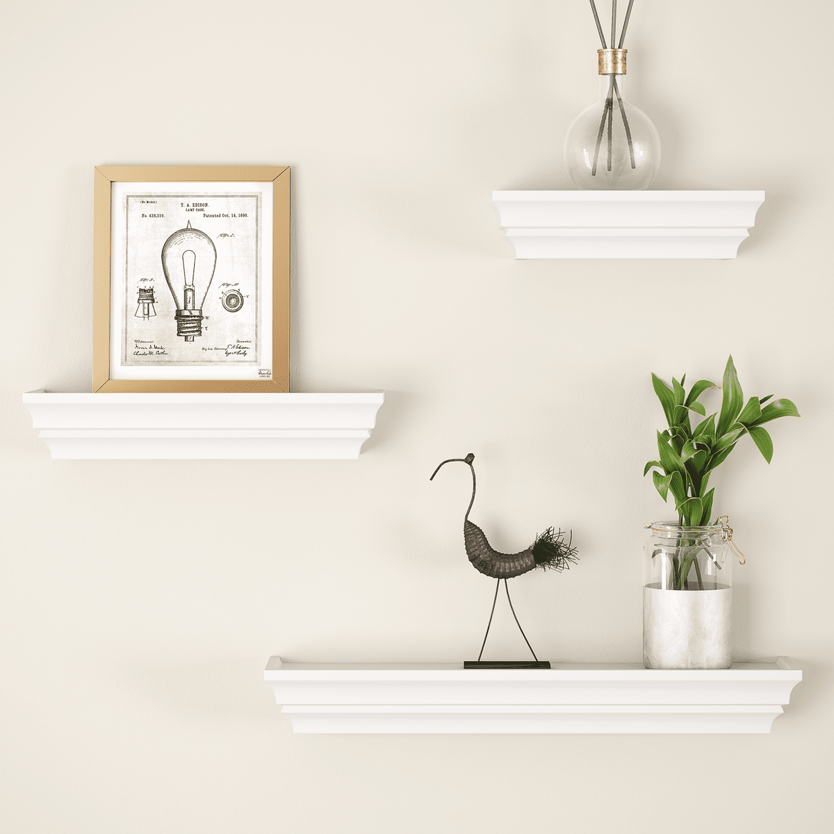 Ballucci Victorian Wall Ledge and Shelf, Wood Floating Wall Shelves Set, 12", 16", 24", Set of 3, White