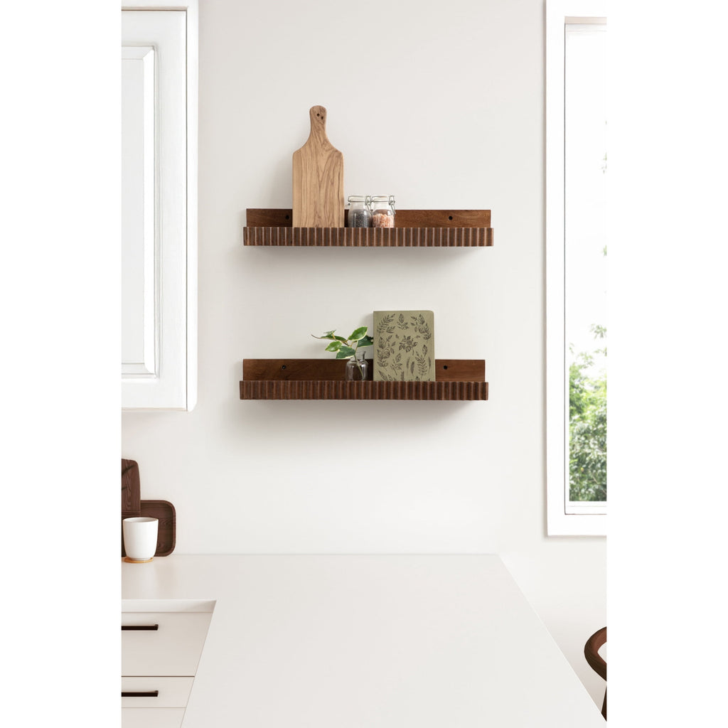 Kate and Laurel Furrow Modern Wood Photo Display Ledges, Set of 2, 24 Inches, Walnut Brown, Scalloped Floating Picture Ledge Shelf Set with Lip for Use as Nursery Book Shelves or Gallery Wall Decor