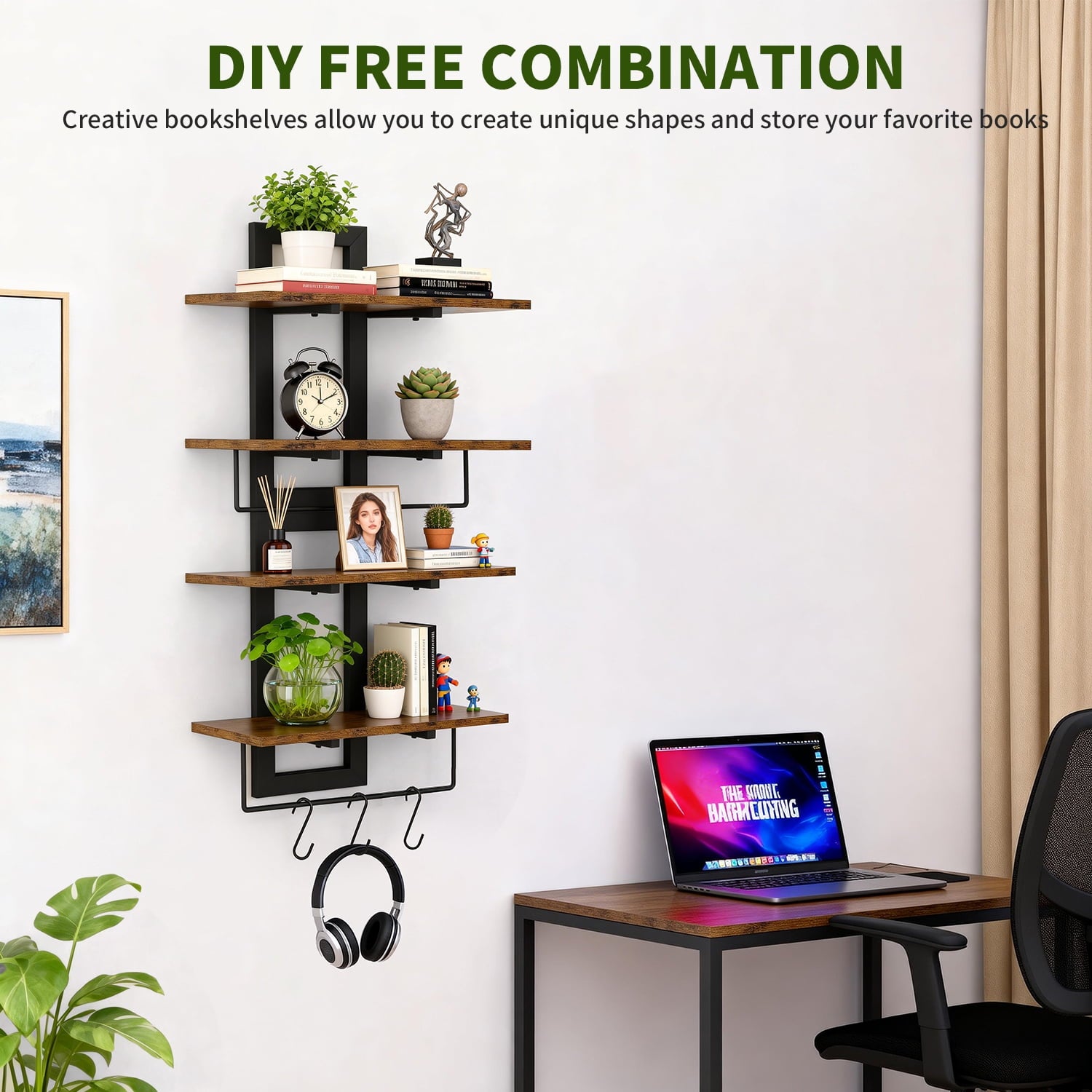 2 Pack 2 Tier Floating Wall Shelves, Rustic Wood Wall Mount Storage Organizer, Decorative Wall Display Rack for Bedroom Living Room Bathroom