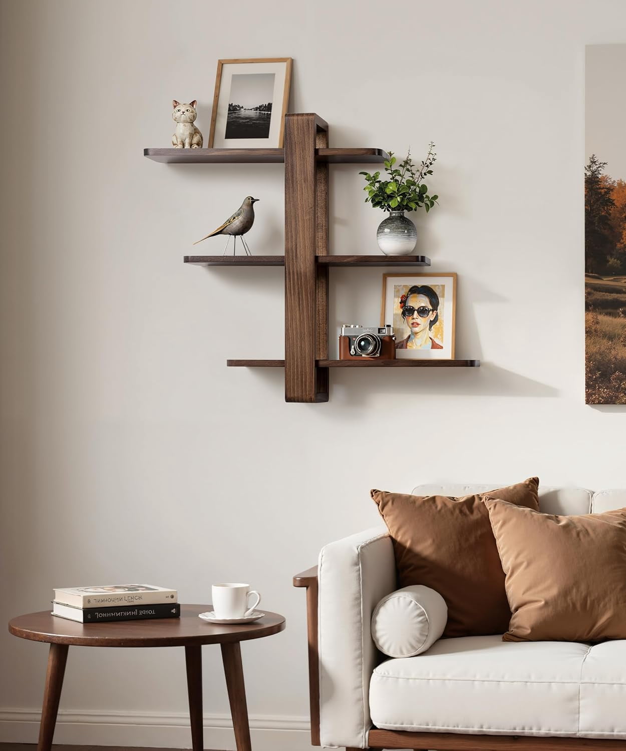 Gronda Walnut Floating Shelves for Living Room Bathroom Bedroom, Mid Century Modern Wood Wall Shelves, 3 Tier Adjustable Plant Wall Shelf, 20 Inch