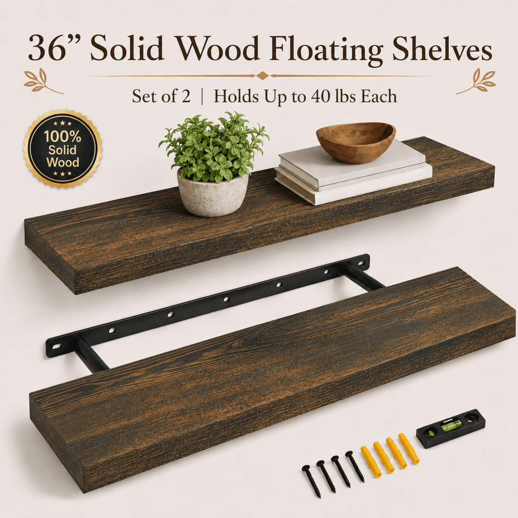 MEHOOM 36" Rustic Solid Wood Floating Shelves for Wall Set of 2, Brown Book Shelves,Wall Shelves for Bathroom,Bedroom,Living Room,Kitchen,Study Room, Kids Room, Farmhouse Decor