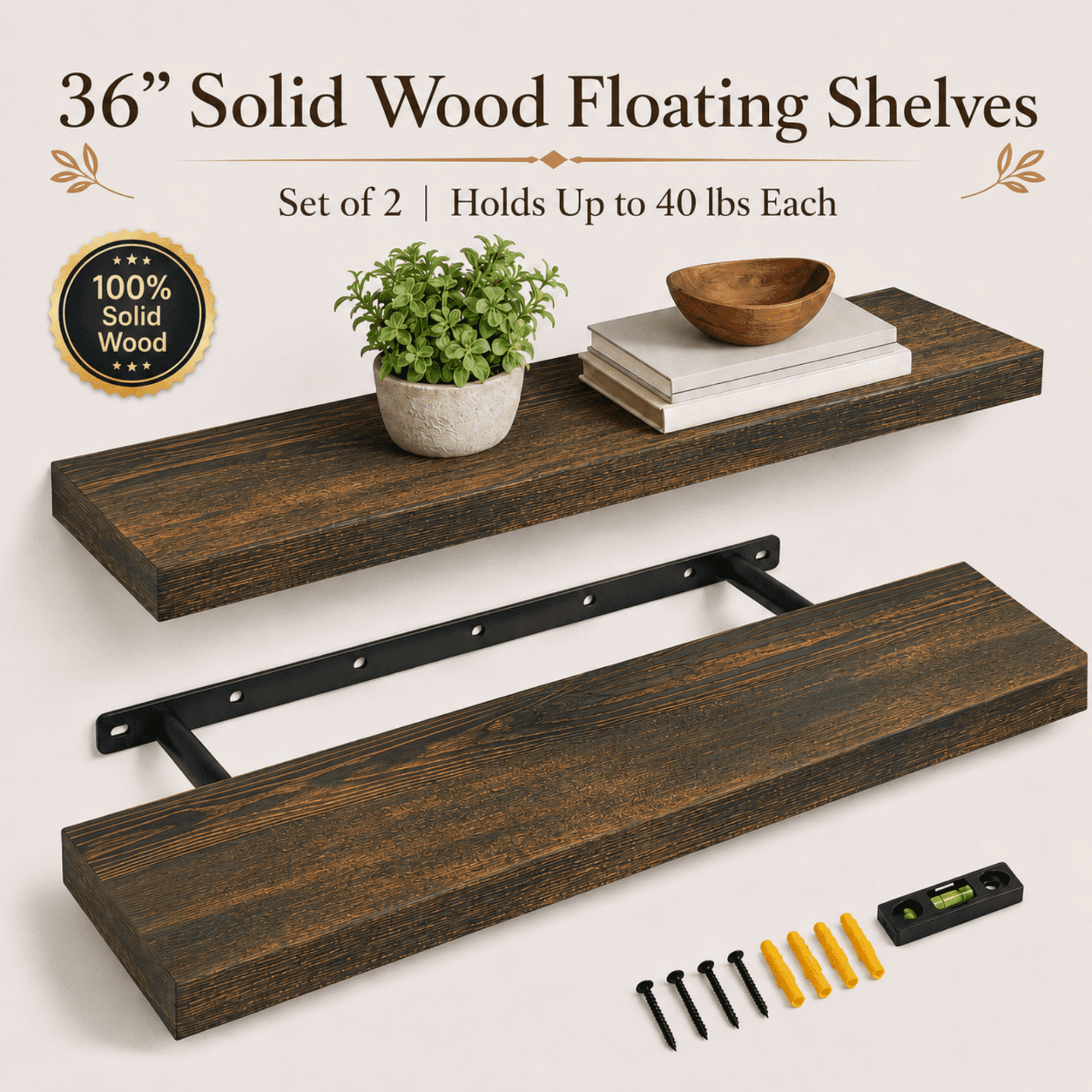 MEHOOM 36" Rustic Solid Wood Floating Shelves for Wall Set of 2, Brown Book Shelves,Wall Shelves for Bathroom,Bedroom,Living Room,Kitchen,Study Room, Kids Room, Farmhouse Decor