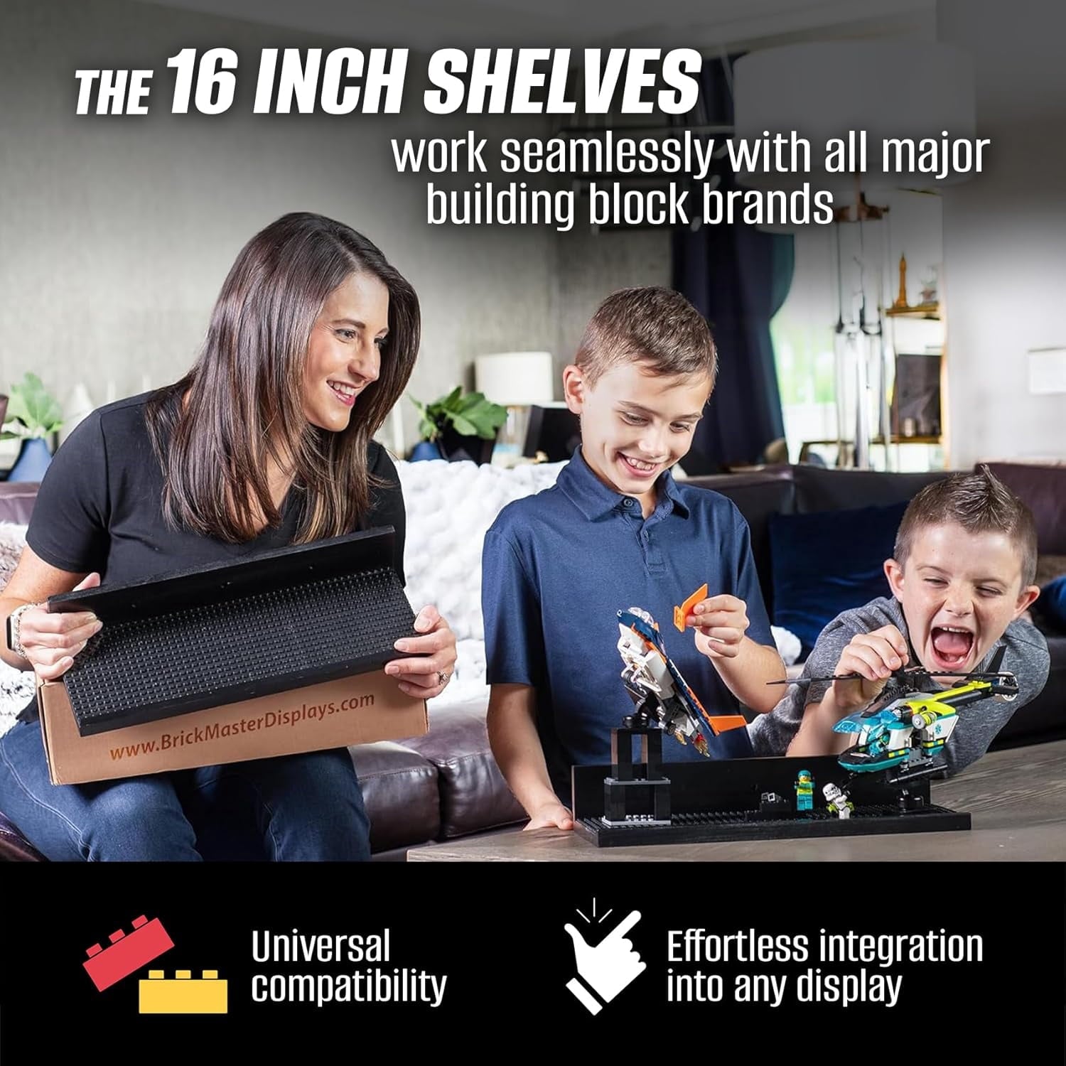 BrickMaster Displays 16 x 16-Inch 1-Tier Floating Shelves - Lego Display Shelf, Black 2-Pack