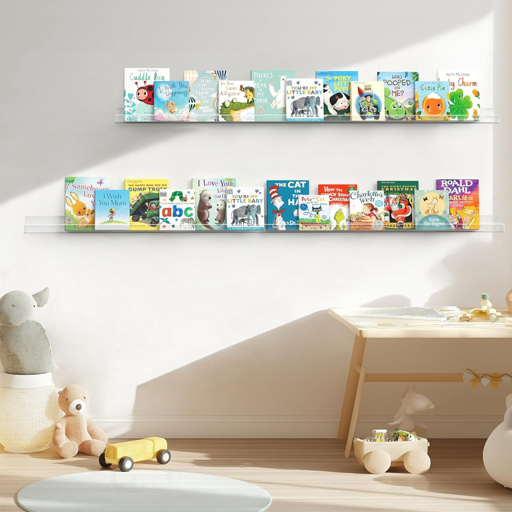 48 Inches Invisible Wall Floating Bookshelf for Kids and Nursery, Clear Acrylic Shelves for Figures, 16 Inch Stud Spacing Long Large Picture Ledge Shelf for Photo Frames, 2 Pack (5MM Thick)