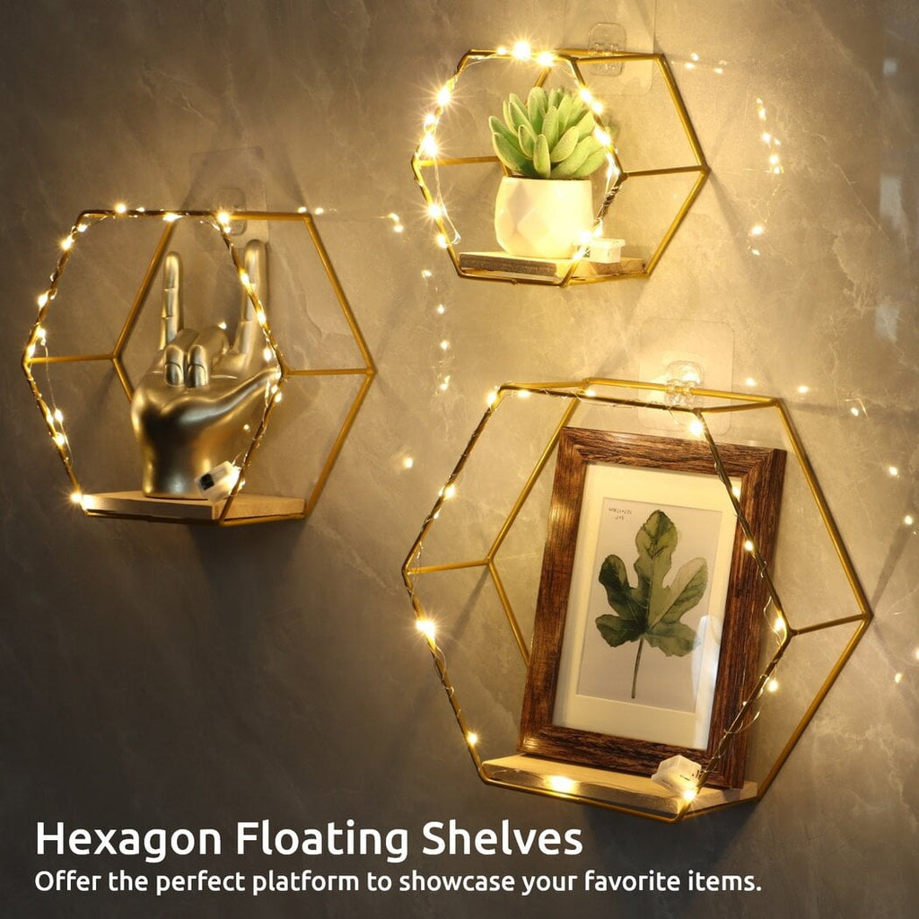3Pcs Hexagon Floating Shelves with LED Light Strip, Modern Wall Mounted Metal Storage Shelves with Wooden Base, Wall Decor for Home Living Room Bedroom Bathroom