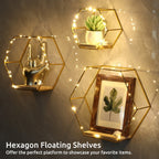 3Pcs Hexagon Floating Shelves with LED Light Strip, Modern Wall Mounted Metal Storage Shelves with Wooden Base, Wall Decor for Home Living Room Bedroom Bathroom
