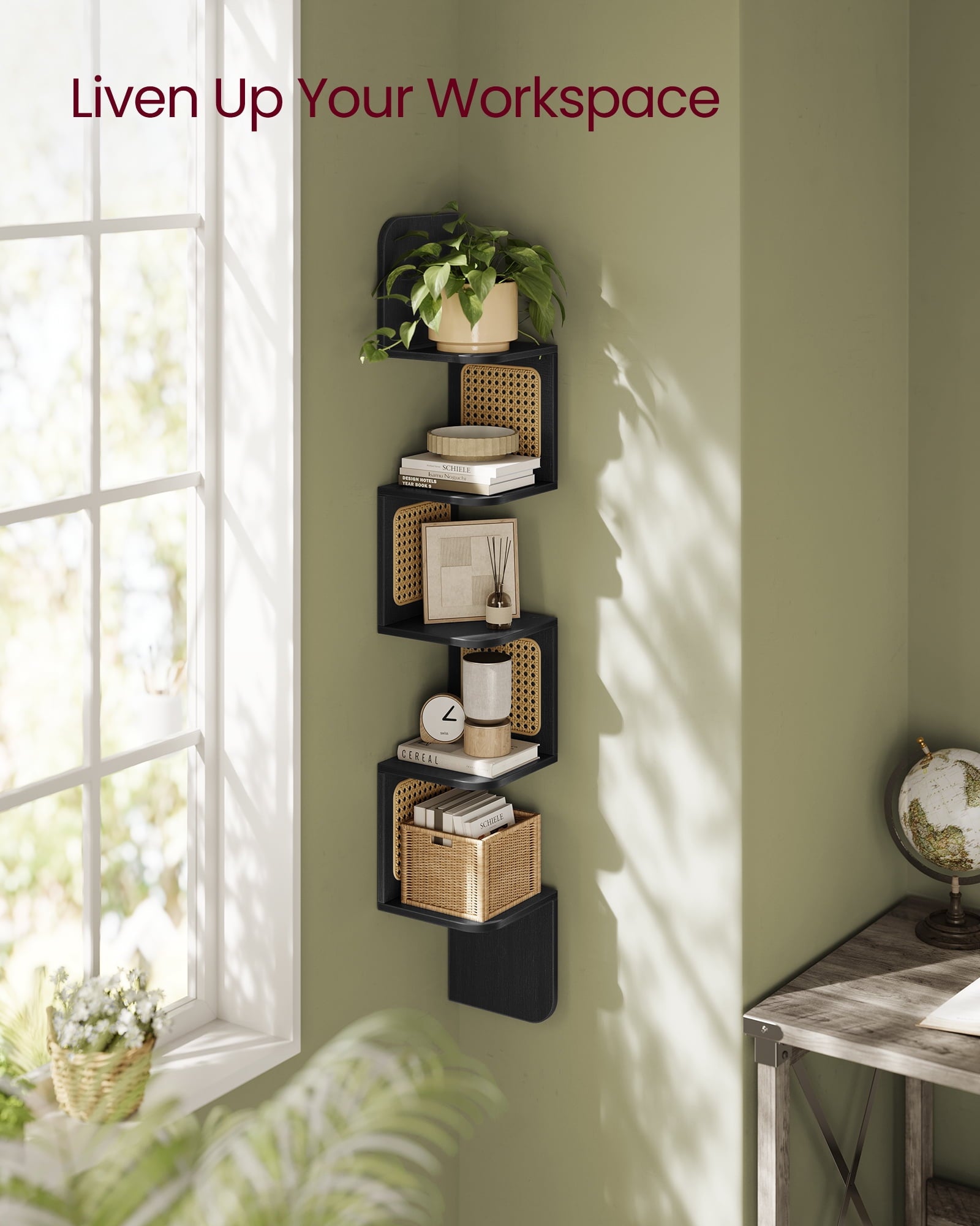 VASAGLE 5-Tier Corner Shelf, Wall Mounted Floating Shelf, Zigzag Corner Shelf Unit, PVC Rattan Sides, Space-Saving, for Kitchen, Living Room, Bedroom, Boho Style, Ash Black