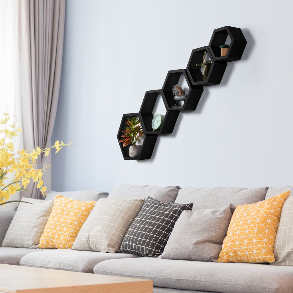 Hexagon Floating Shelves 5 Different Sizes Honeycomb Shelves for Wall, Black