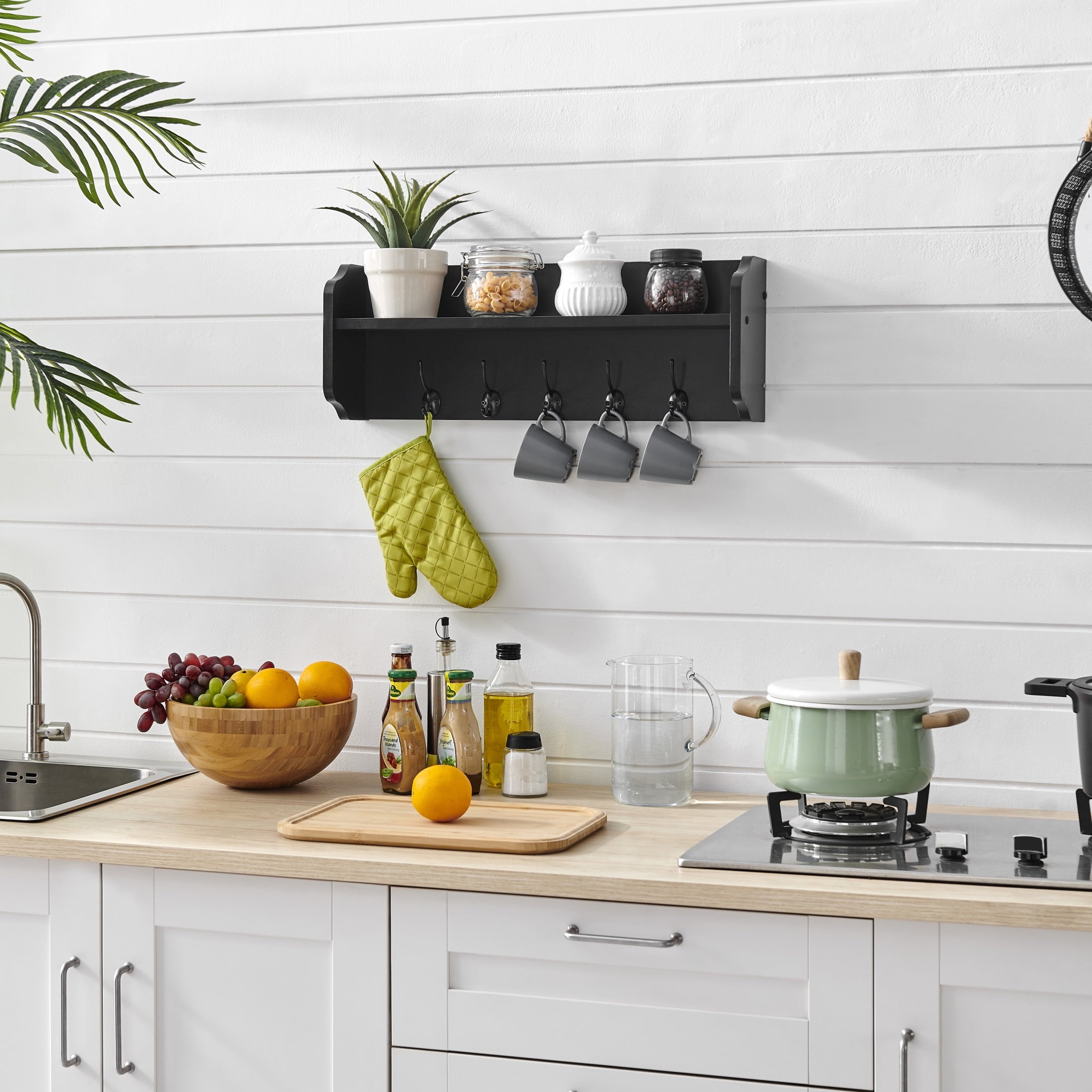 Entryway Floating Utility Wall Shelf with Hooks - Wall Mounted - Black