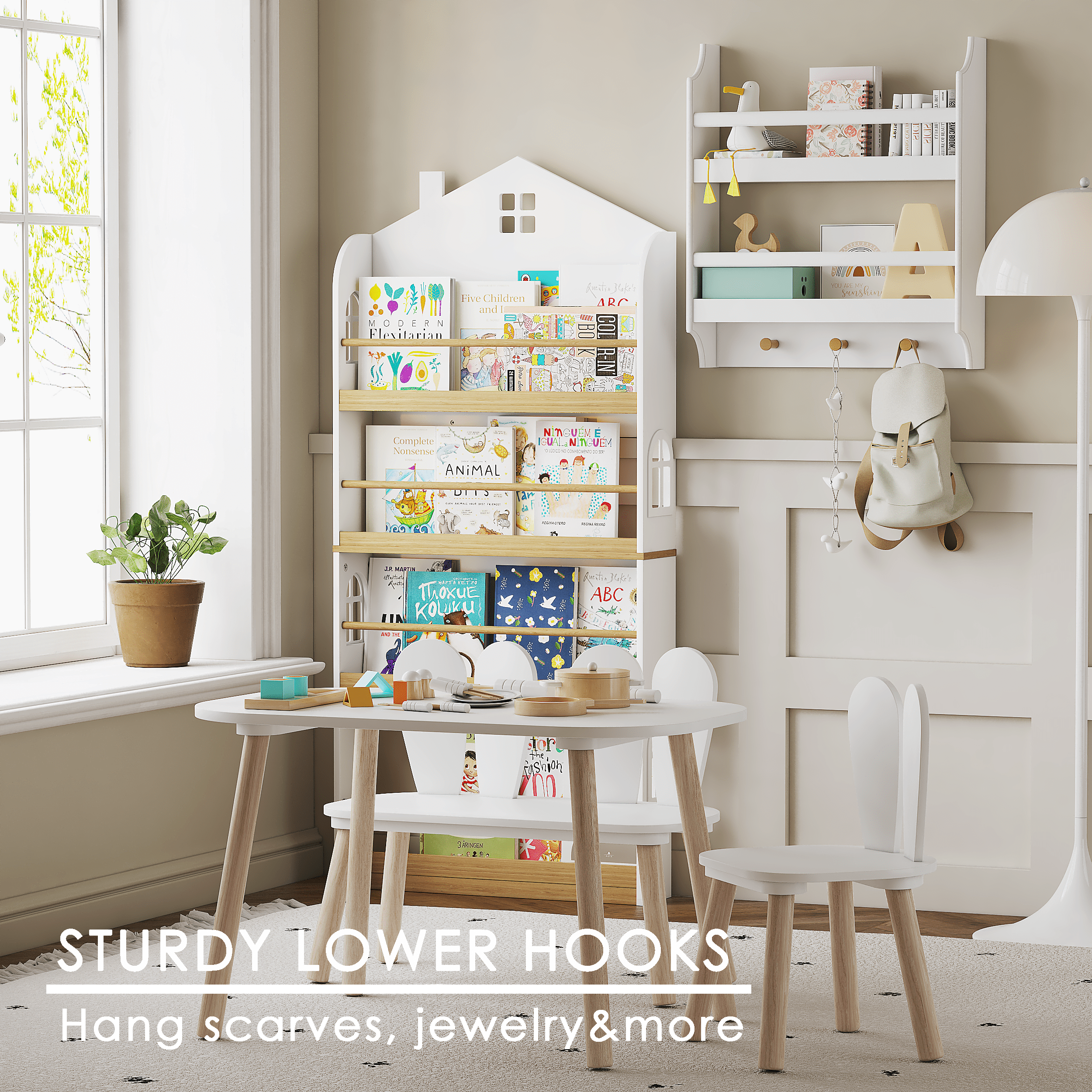 STAROUS 2-Tier Hanging Bookshelves for Wall Decor and Storage Floating Nursery Book Shelves with Hooks, Wall Mounted Baby Book Shelf