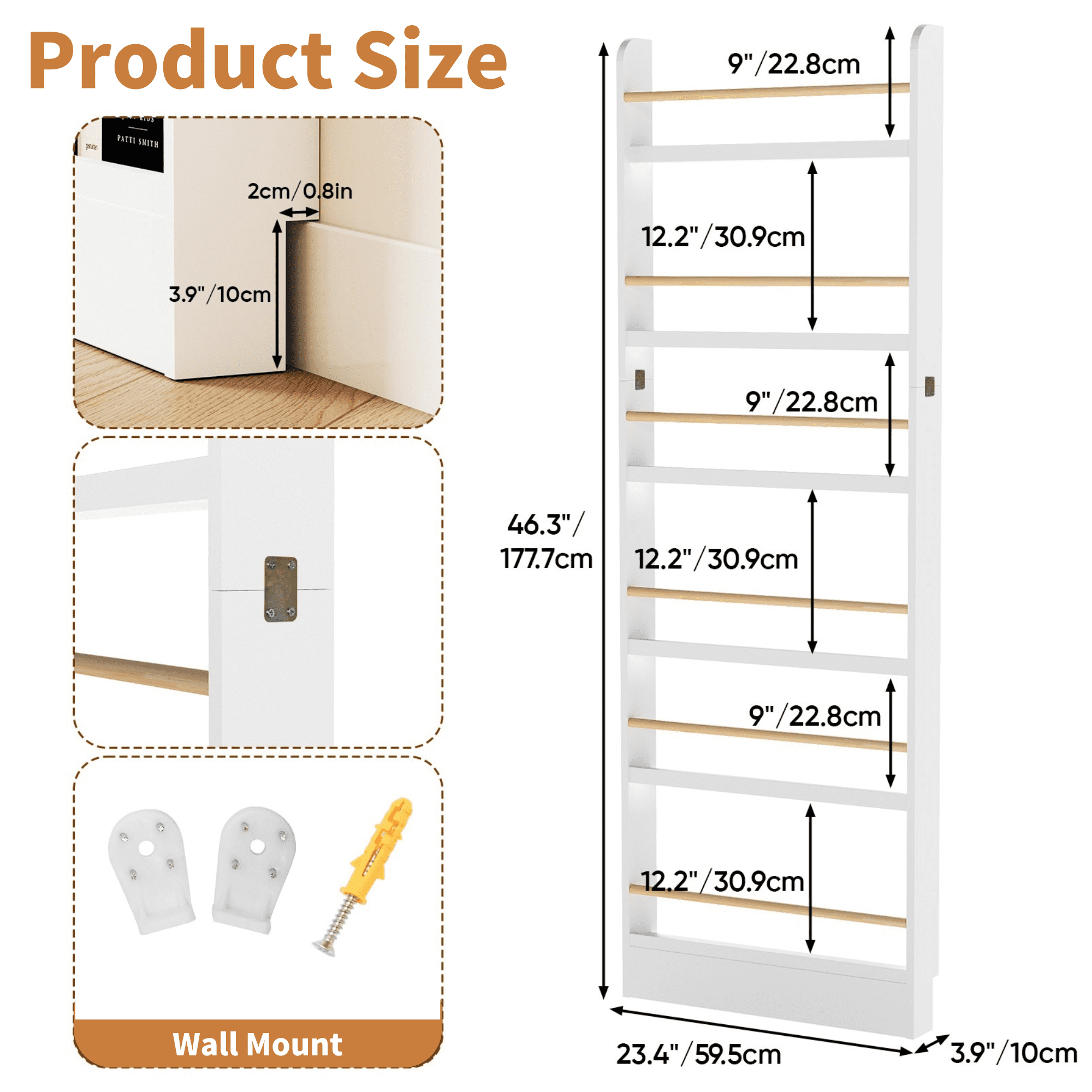 VGBYUJ 6 Tier Behind The Door Bookshelf, 70" Thin Narrow Bookshelf, Space Saving Wall Book Shelf Coner Bookshelf, White