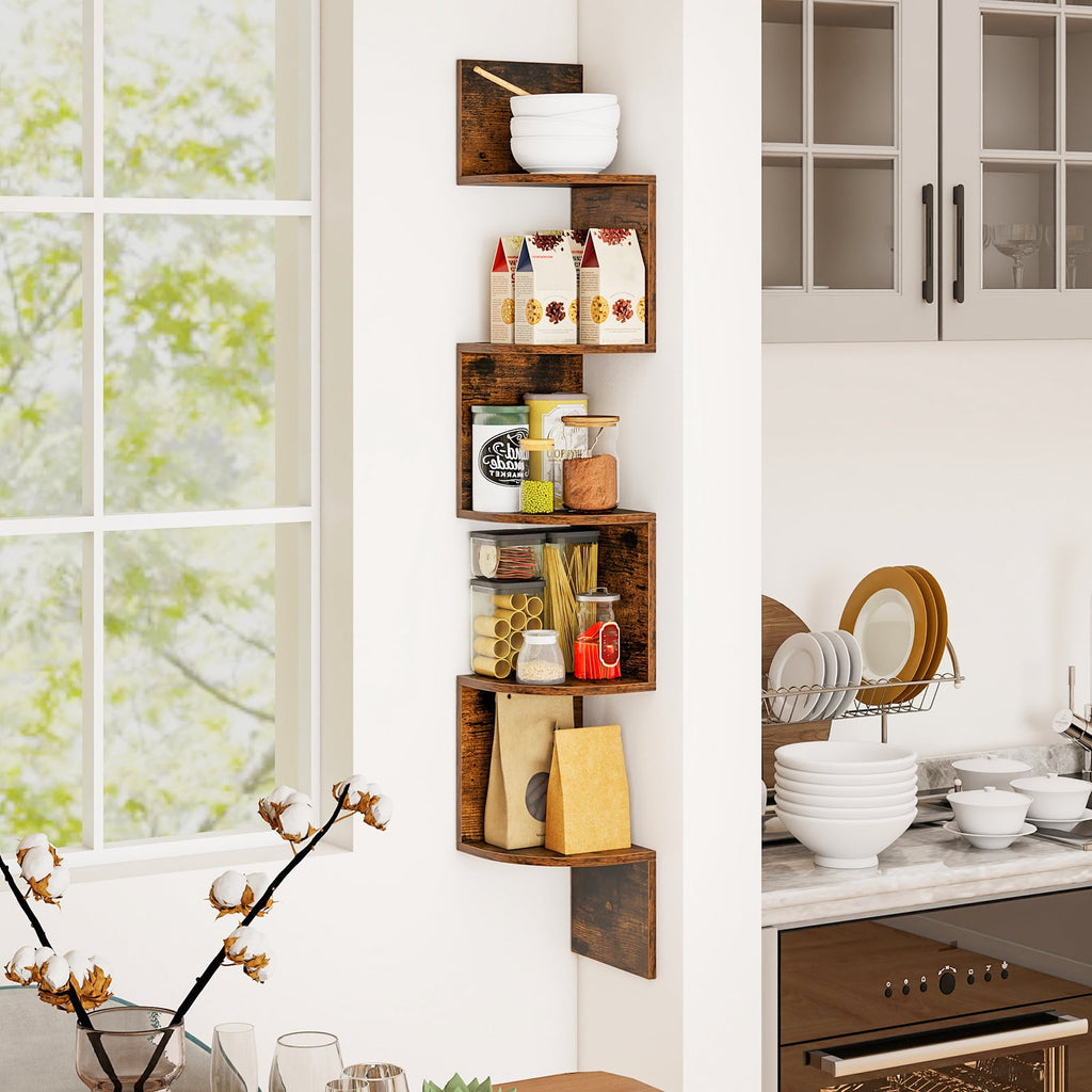 Topbuy 5-Tier Corner Shelf Wall Mount Floating Corner Bookshelf Industrial Corner Ladder Shelf Coffee