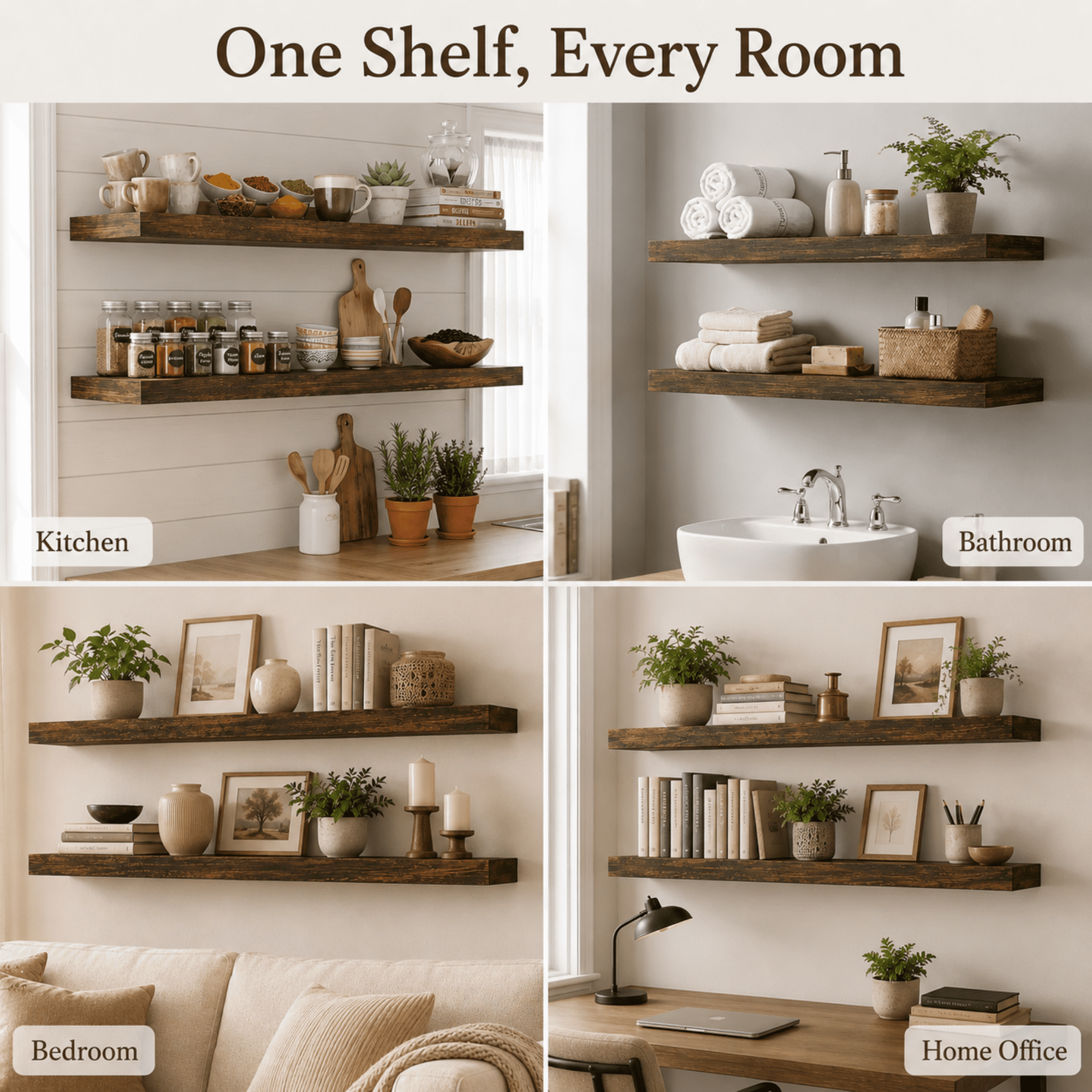MEHOOM 36" Rustic Solid Wood Floating Shelves for Wall Set of 2, Brown Book Shelves,Wall Shelves for Bathroom,Bedroom,Living Room,Kitchen,Study Room, Kids Room, Farmhouse Decor