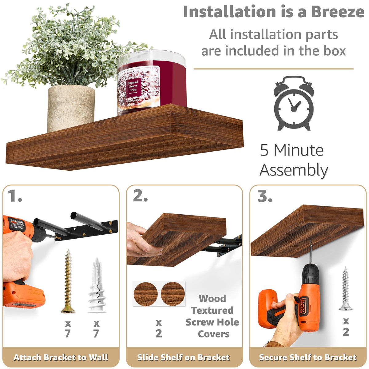 Sorbus 16.25" Walnut Rustic Floating Shelves (Set of 3) – Wall Storage for Décor, Frames, Trophies