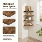 Corner Shelves Wall Mount, Set of 4 Floating Corner Shelves, Wood Corner Hanging Shelves for Bathroom Bedroom Kitchen, Brown