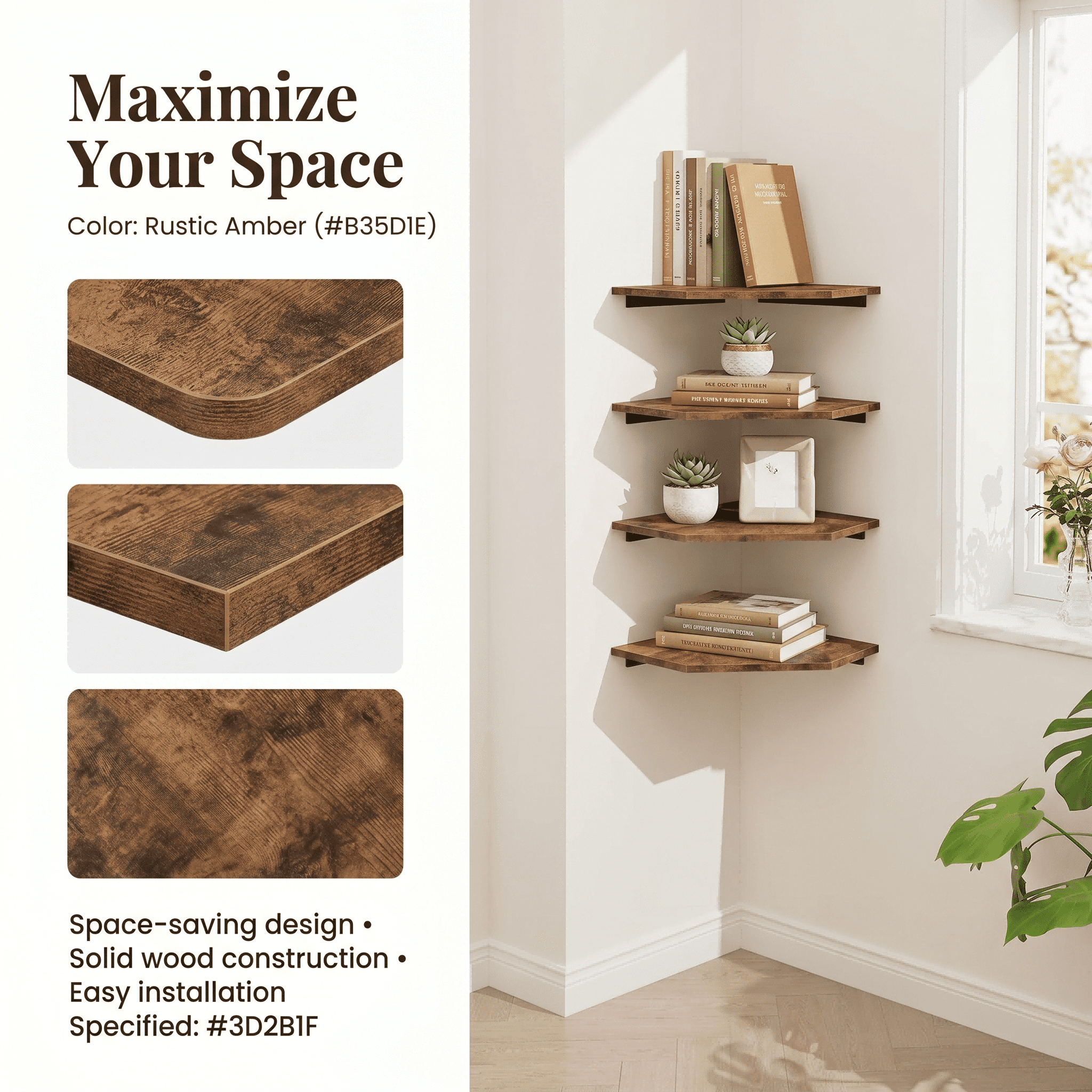 Corner Shelves Wall Mount, Set of 4 Floating Corner Shelves, Wood Corner Hanging Shelves for Bathroom Bedroom Kitchen, Brown