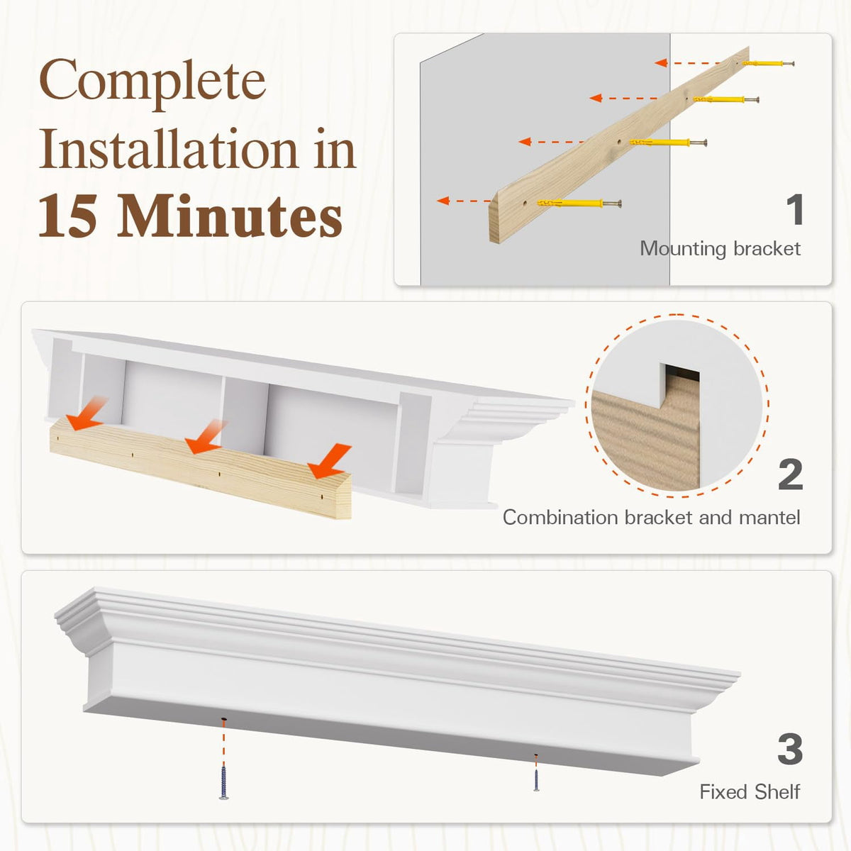 Kincubow 60" Fireplace Mantel Shelf Floating Wood Mantel Shelf with Hidden Bracket Rustic White Wall Mount Faux Fireplace Shelf 60 x 9 x 8