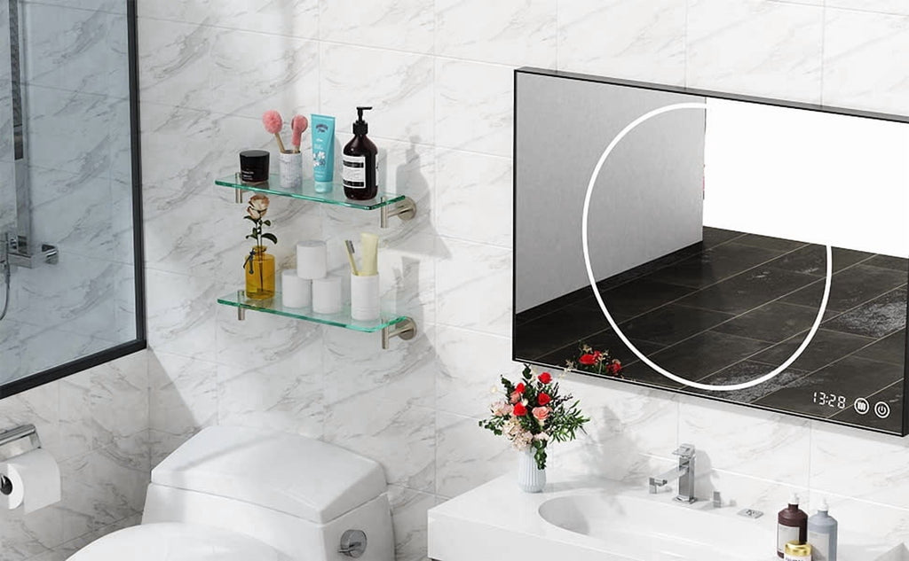 Woindo Bathroom Glass Shelf, Floating Tempered Glass Bathroom Wall Shelf Rectangle 16 Inch Shelves Brushed Nickel Bracket Mount Modern