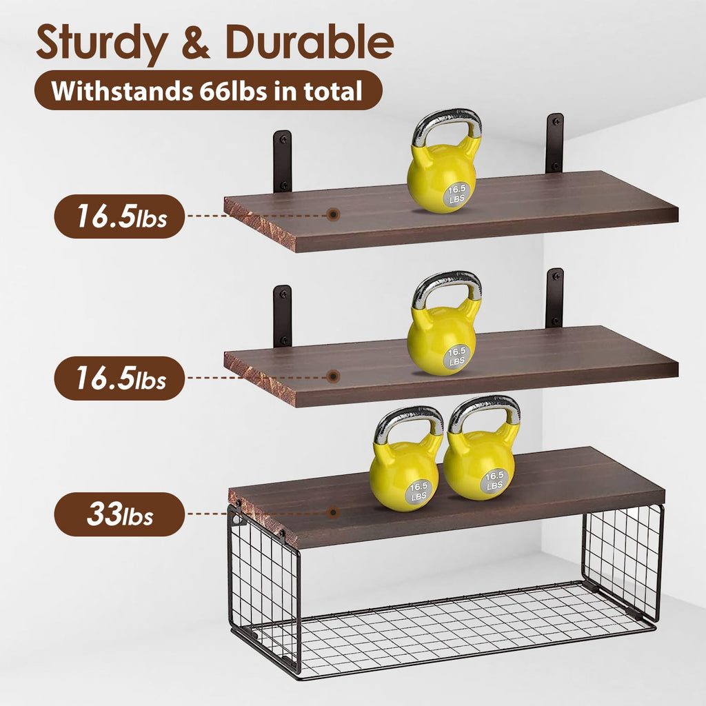 Rustic Floating Shelves, Moclever 2.75lbs Wall Mount Wooden Bathroom Floating Shelves with Basket