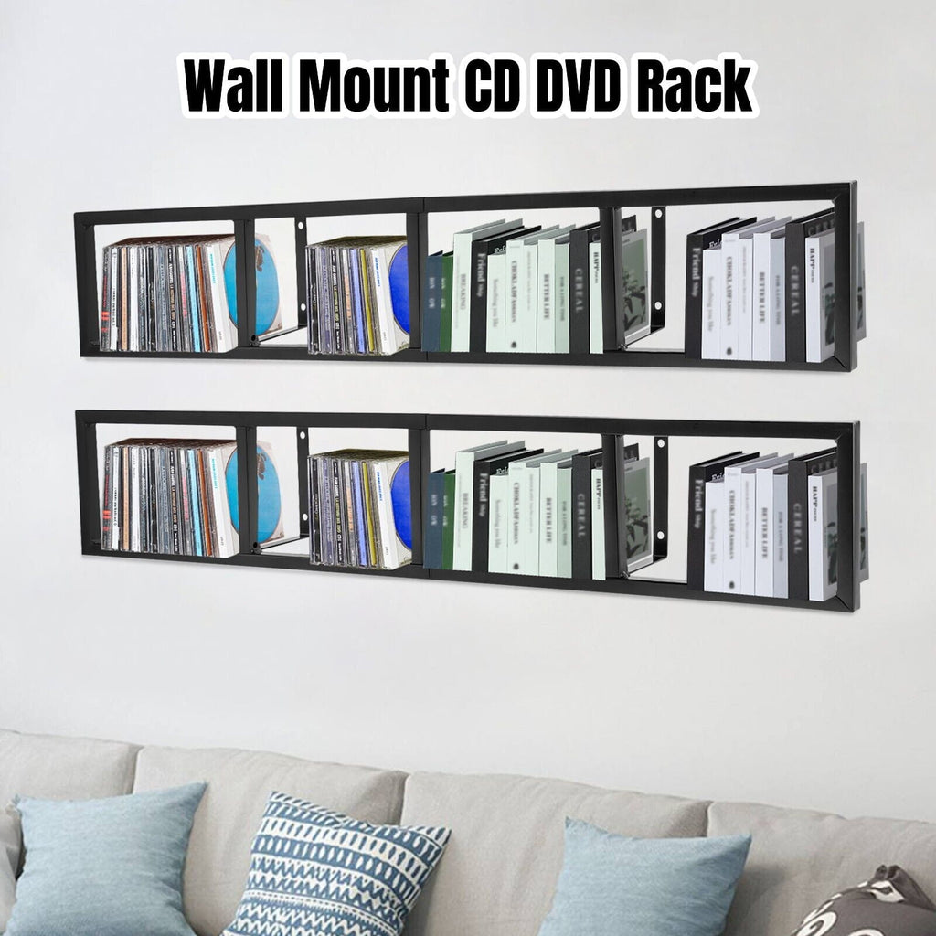 2x Floating Shelf Wall Mount CD DVD Rack Rectangular CD Rack Media Storage Organizer Shelves Large Black