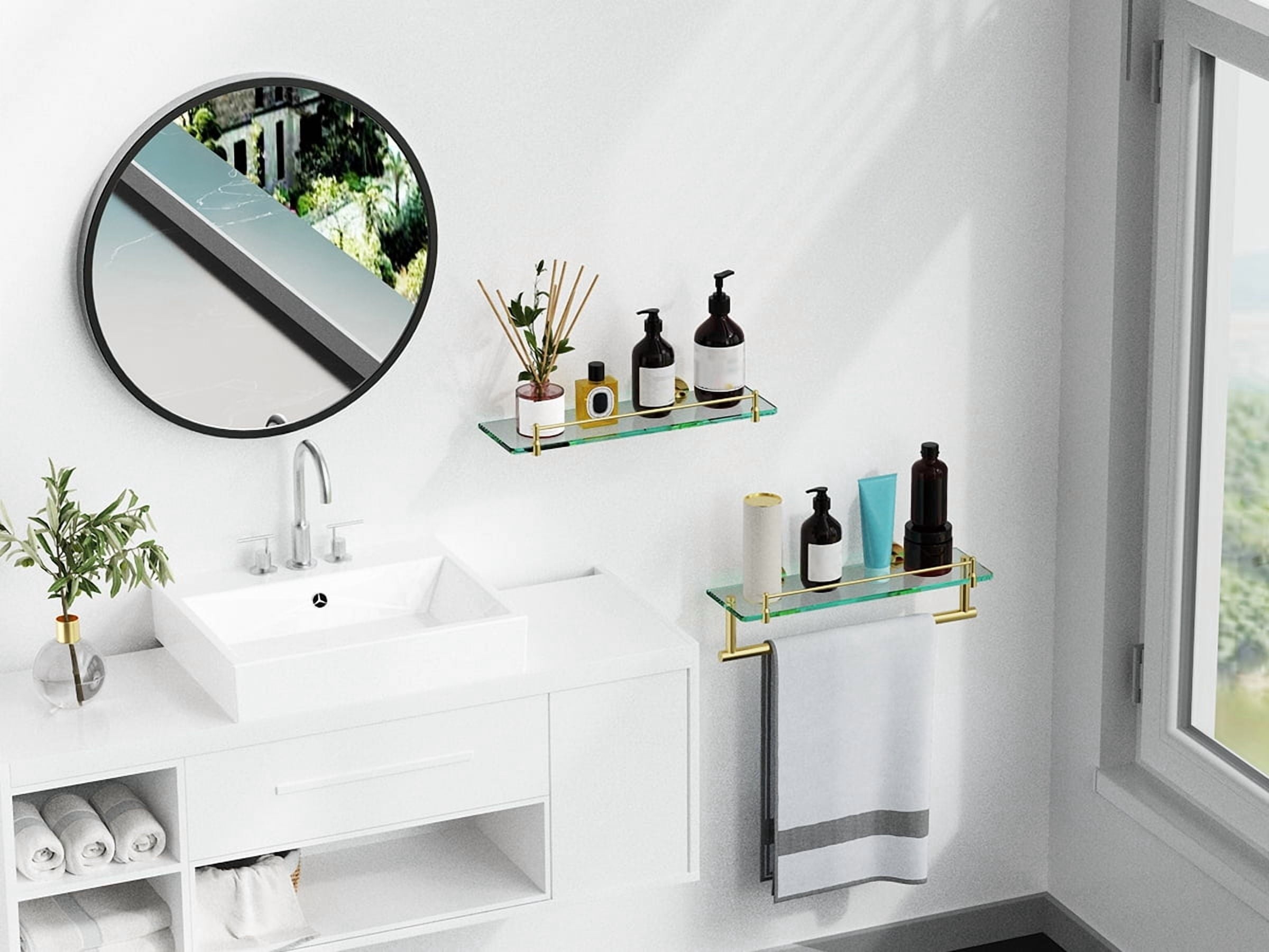 Woindo Bathroom Glass Shelf with Railing, Floating Tempered Glass Bathroom Wall Shelf Rectangle 16 Inch Over The Toilet Storage Cabinet, Gaming Floating Shelves, Bathroom Accessories and Home Decor