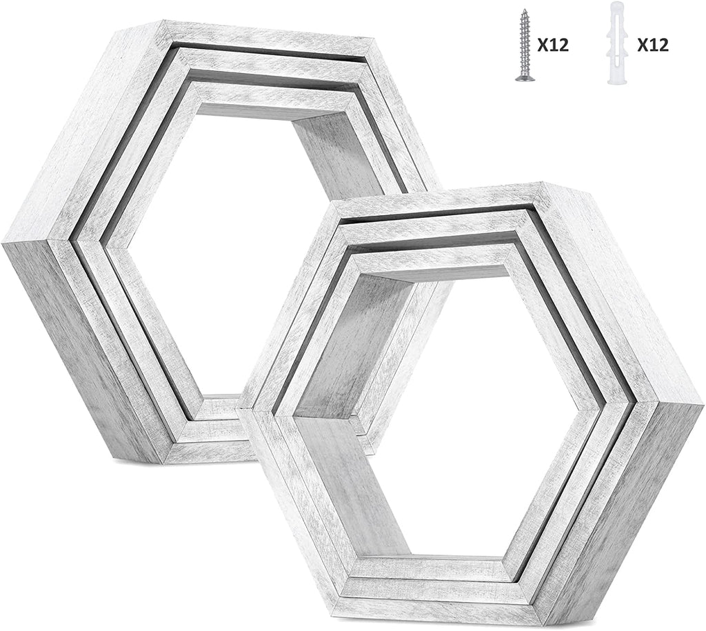 Hexagon Floating Shelves Set of 6 Honeycomb Shelves for Wall, Gray White
