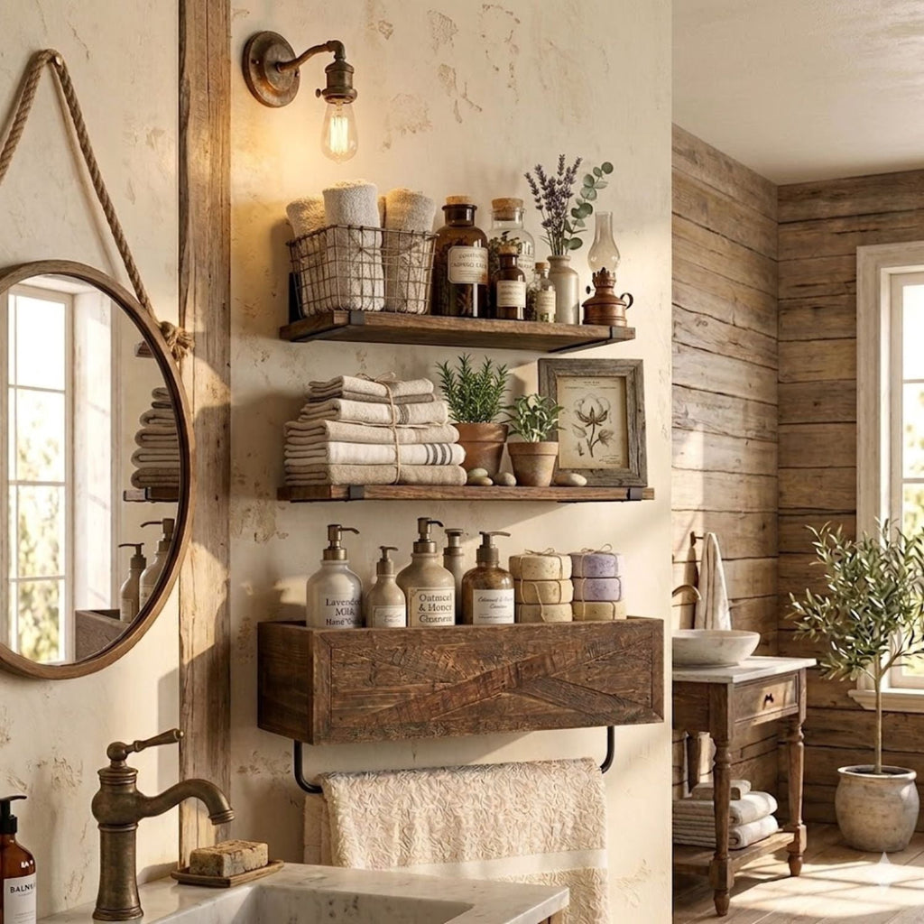Autumn Alley Rustic Farmhouse Bathroom Shelves Wall Mounted – Industrial Floating Shelves for Bathroom With Towel Bar – Stunning Inlaid Wood Design, Above Toilet Shelves Rustic Towel Rack