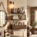 Autumn Alley Rustic Farmhouse Bathroom Shelves Wall Mounted – Industrial Floating Shelves for Bathroom With Towel Bar – Stunning Inlaid Wood Design, Above Toilet Shelves Rustic Towel Rack
