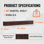 KFFKFF Wooden Fireplace Mantel, 60" x 8" x 6", 50 lbs Load Capacity, Natural Wood Shelf for Fireplace or Wall, Wall-Mounted Floating Farmhouse Design, Handcrafted Rustic Brown Mantel for Home Decor